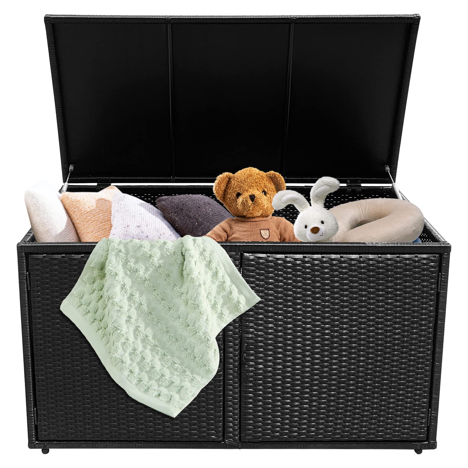 Giantex 88 Gallon Rattan Deck Box with Separate Storage Shelf - Outdoor & Indoor Wicker Storage Bench with Openable Door & Steel Frame - Perfect for Patio, Garden, Balcony, Porch, Yard Storage - Ideal for Organizing Toys, Tools, and Outdoor Accessories (Black)