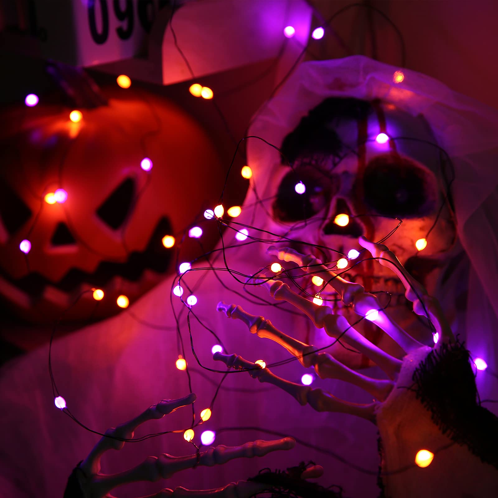 Lomotech Orange Purple Halloween Fairy Lights - 2 Pack 16.4ft 50 LED Battery Operated String Lights with Timer & 8 Modes | Waterproof Twinkle Lights for Halloween Party Decorations, Outdoor Decor, Christmas Tree, Bedroom, Garden & Wedding Decor (Black Wire)