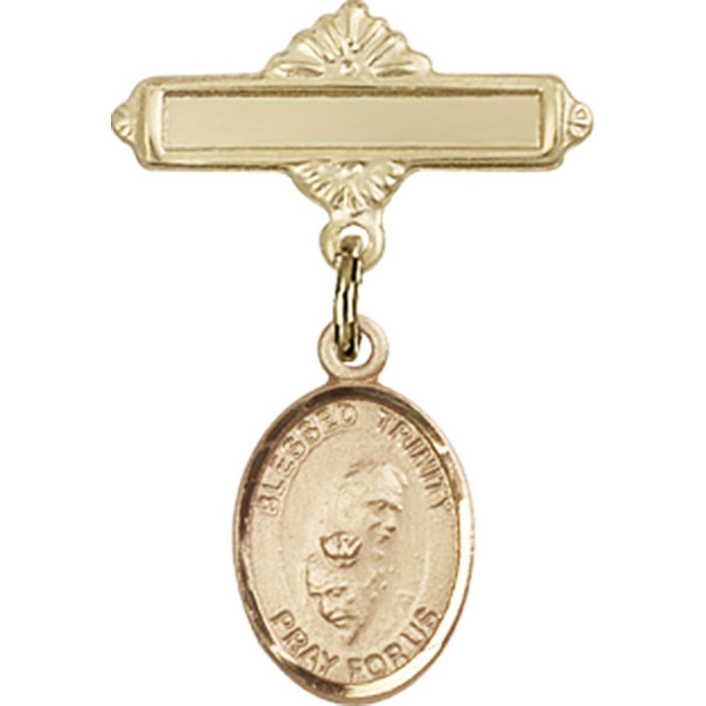 Gold Filled Baby Badge with Blessed Trinity Charm - 1 X 5/8 Inch Polished Pin for Christening, Baptism & Baby Shower Gifts - Religious Jewelry for Newborns & Infants