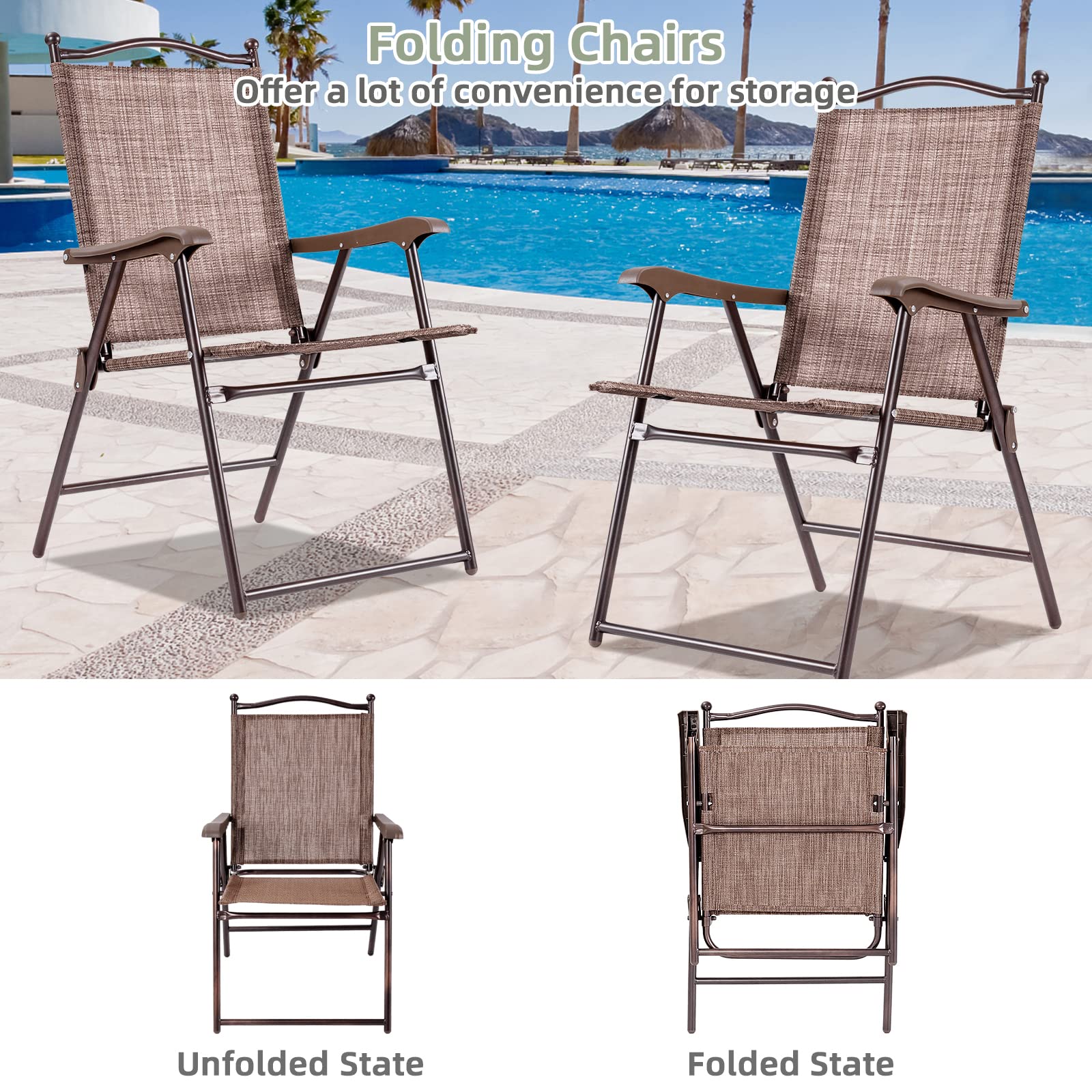 Byroce 2-Pack Patio Folding Chairs - Portable Lightweight Outdoor Lounge Chairs with Armrests & Metal Frame - Sturdy Foldable Sling Back Chairs for Garden, Beach, Camping, Picnic & Backyard (Brown)