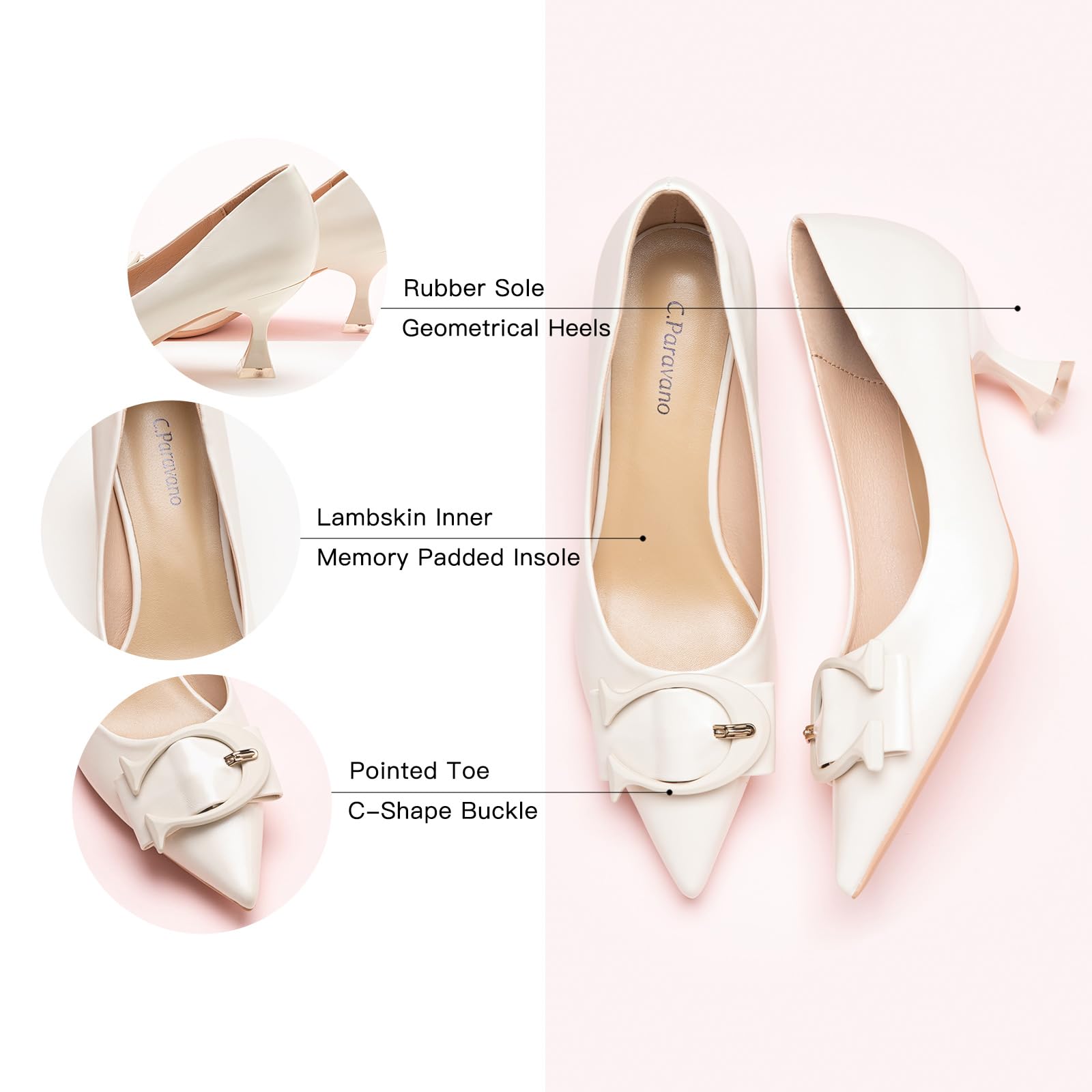 C.Paravano Women's Leather Pumps - Low Heel Designer Shoes for Women | Comfortable Kitten Heels & Short Heels | Perfect for Office, Wedding & Formal Occasions