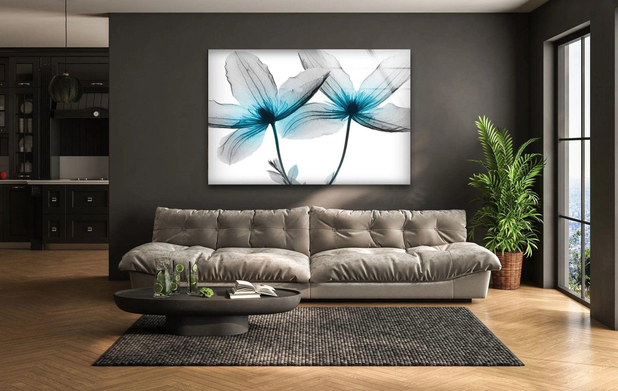 Albert Koetsier Blue X-Ray Flower Glass Wall Art - Modern Home Decor for Living Room, Bedroom & Office - Unique Handmade Glass Artwork