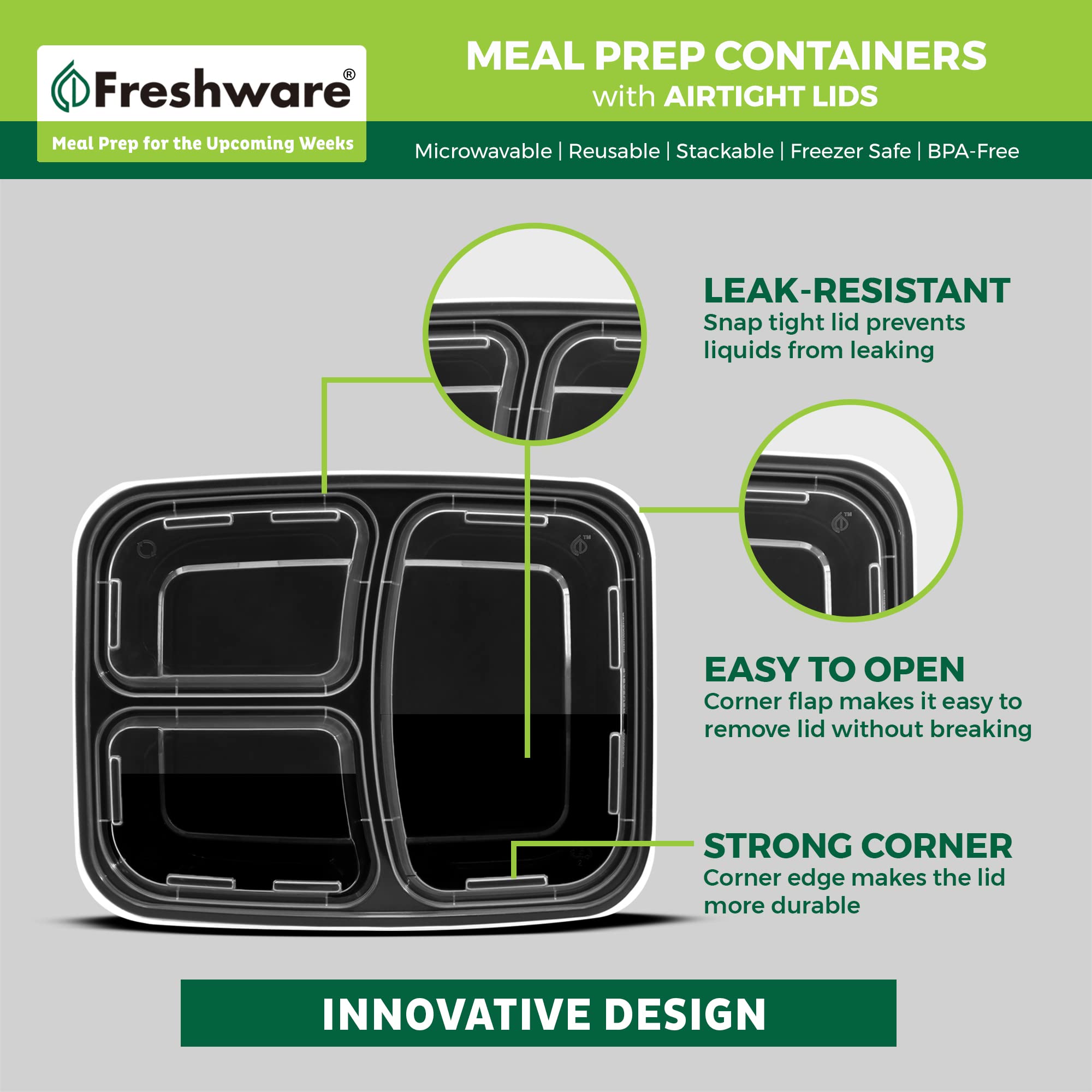 Freshware 50-Pack Meal Prep Containers with Lids - 3 Compartment Bento Box, BPA-Free, Stackable Food Storage Containers (24 oz) - Microwave, Dishwasher & Freezer Safe - Perfect for Meal Prepping, Lunches & Leftovers