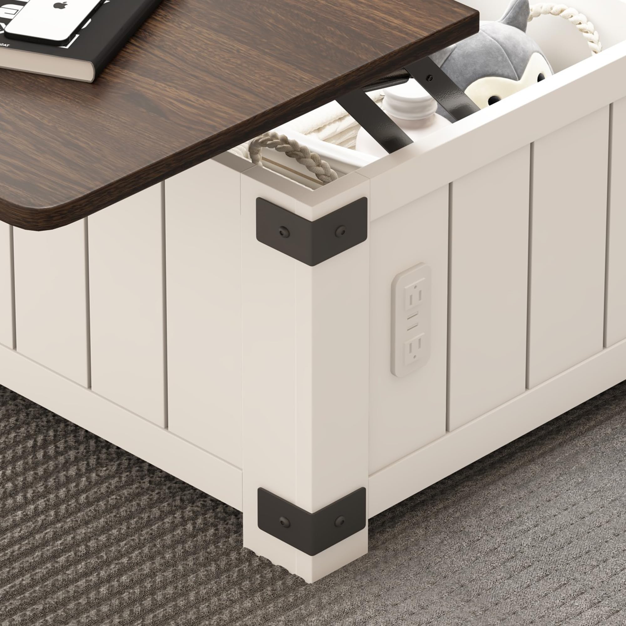 Square Lift Top Coffee Table with Storage - White Wooden Cocktail Table with USB Ports & Charging Station, 4 Grids Hidden Compartment for Home, Office, Dorm & Apartment | Perfect for Living Room, Study & Small Spaces