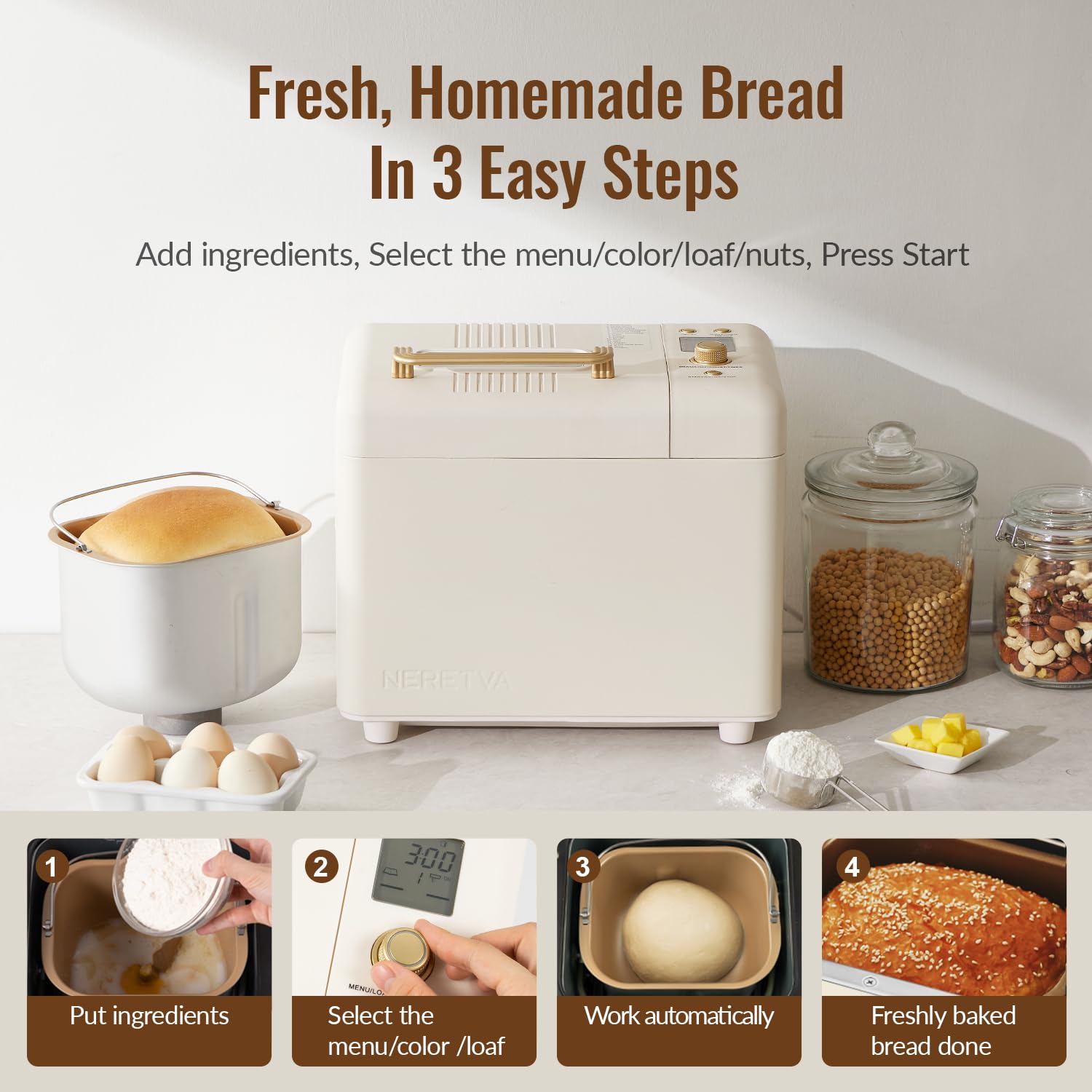 Neretva 2.2LB 15-in-1 Bread Maker Machine with Dual Heater, Auto Nut Dispenser & Nonstick Ceramic Pan - Perfect for Gluten Free Bread, Dough, Sourdough, Yogurt Making | Ideal for Home Baking, Family Breakfast & Healthy Cooking