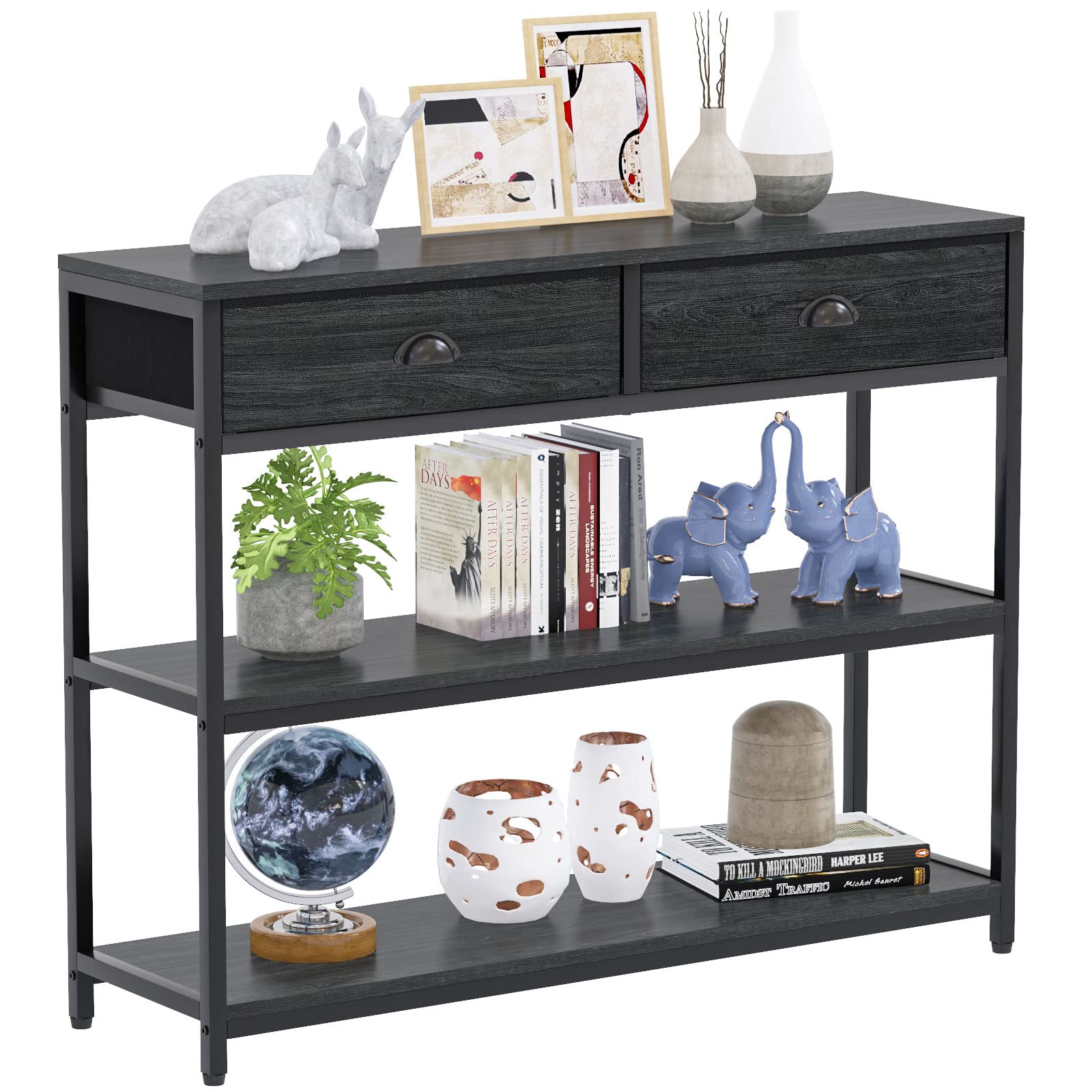 Industrial Console Table with 2 Drawers & 3-Tier Storage Shelves - Narrow Sofa Table with Metal Frame for Living Room, Entryway or Hallway - Black Oak Finish - Perfect for Small Spaces & Home Organization