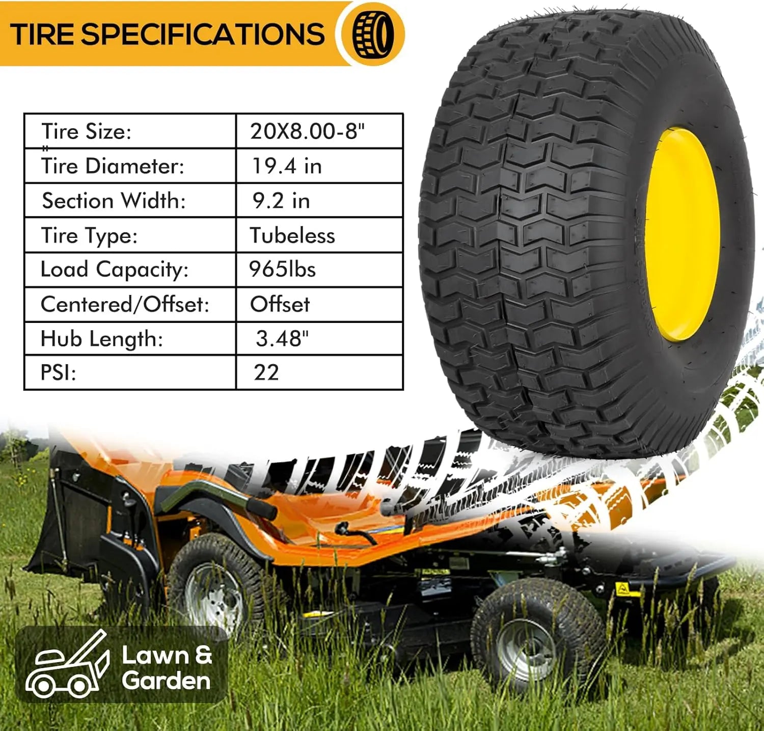 2PCS Autocessking 20x8.00-8 Tubeless Rear Tires with Wheels for Riding Lawn Mowers – 3.5