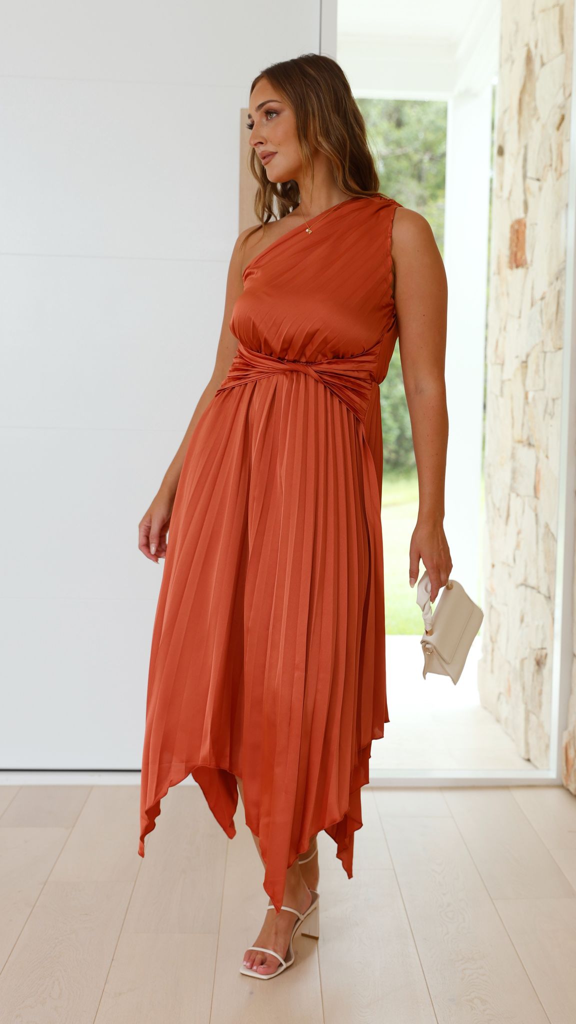 Elegant One Shoulder Midi Dress in Copper - Perfect for Summer Parties, Weddings & Date Nights