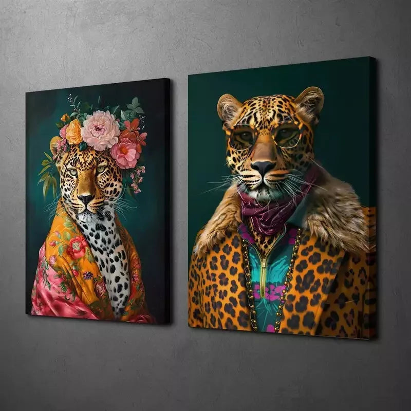 2PCS Leopard Print Framed Canvas Wall Art 50x75cm - High Quality Australian Made Decorative Painting, Ready to Hang - Perfect for Living Room, Bedroom & Office Decor