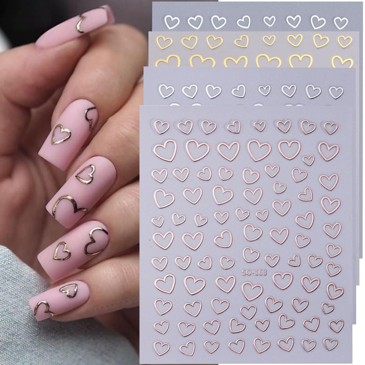 Valentine's Day Heart Nail Art Stickers - 8PCS 3D Self-Adhesive Love Heart Nail Decals for Manicure (Silver, White, Gold) | Perfect for Valentine's Nail Designs, DIY Nail Art, and Special Occasion Nail Decorations