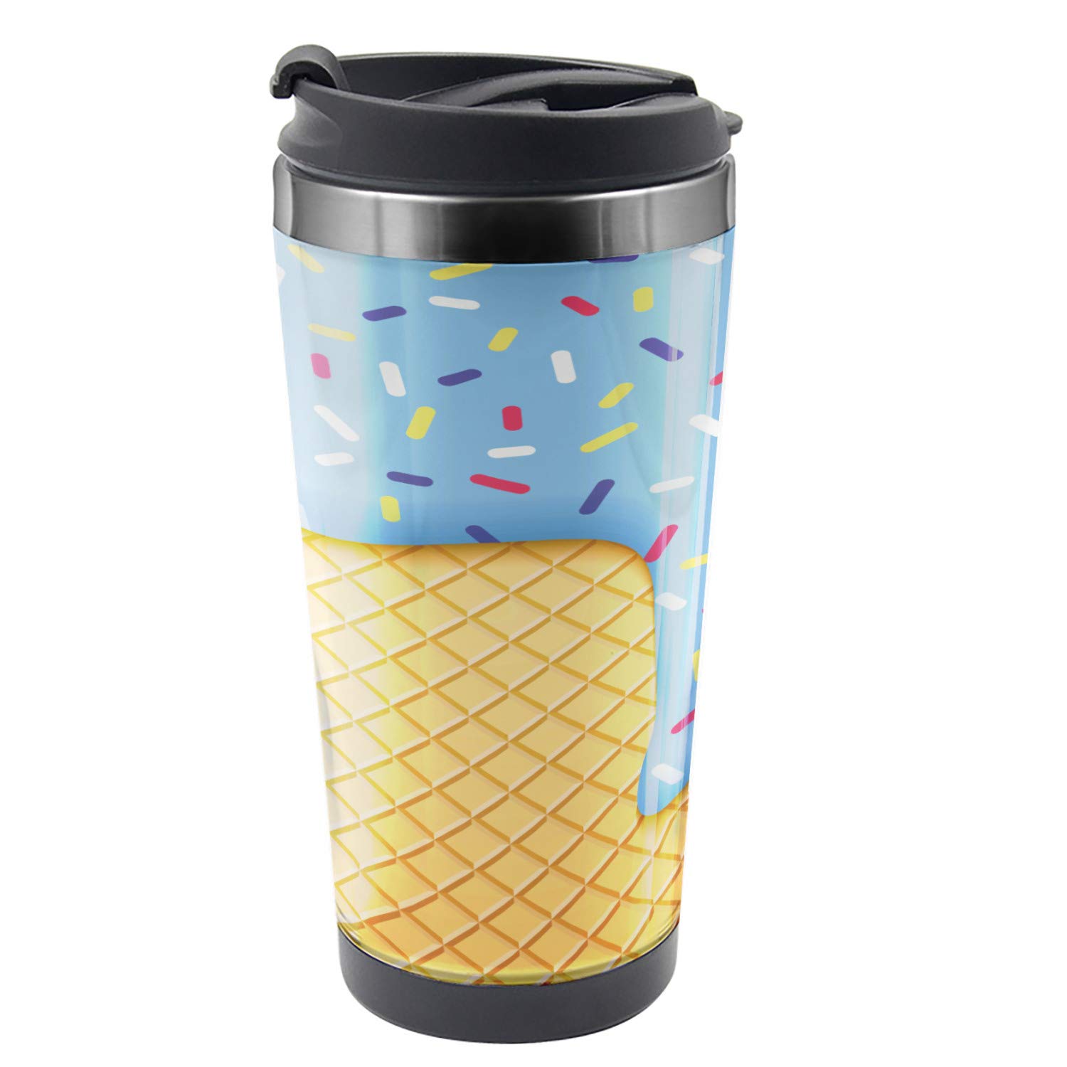 Ambesonne 16 oz Stainless Steel Thermal Travel Mug with Waffle Ice Cream Design - Insulated Coffee Cup for Hot & Cold Drinks - Perfect for Commuting, Camping, and Office Use (Apricot Color)