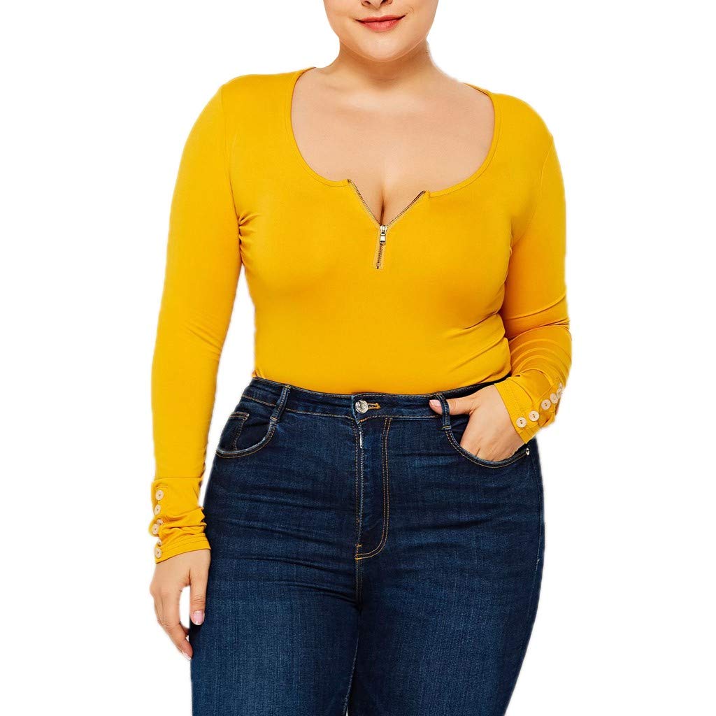 Women's Plus Size Long Sleeve Bodysuit - Front Zipper Jumpsuit for Workout & Layering | Stretchy Bodycon Leotard for Yoga, Dance & Casual Wear