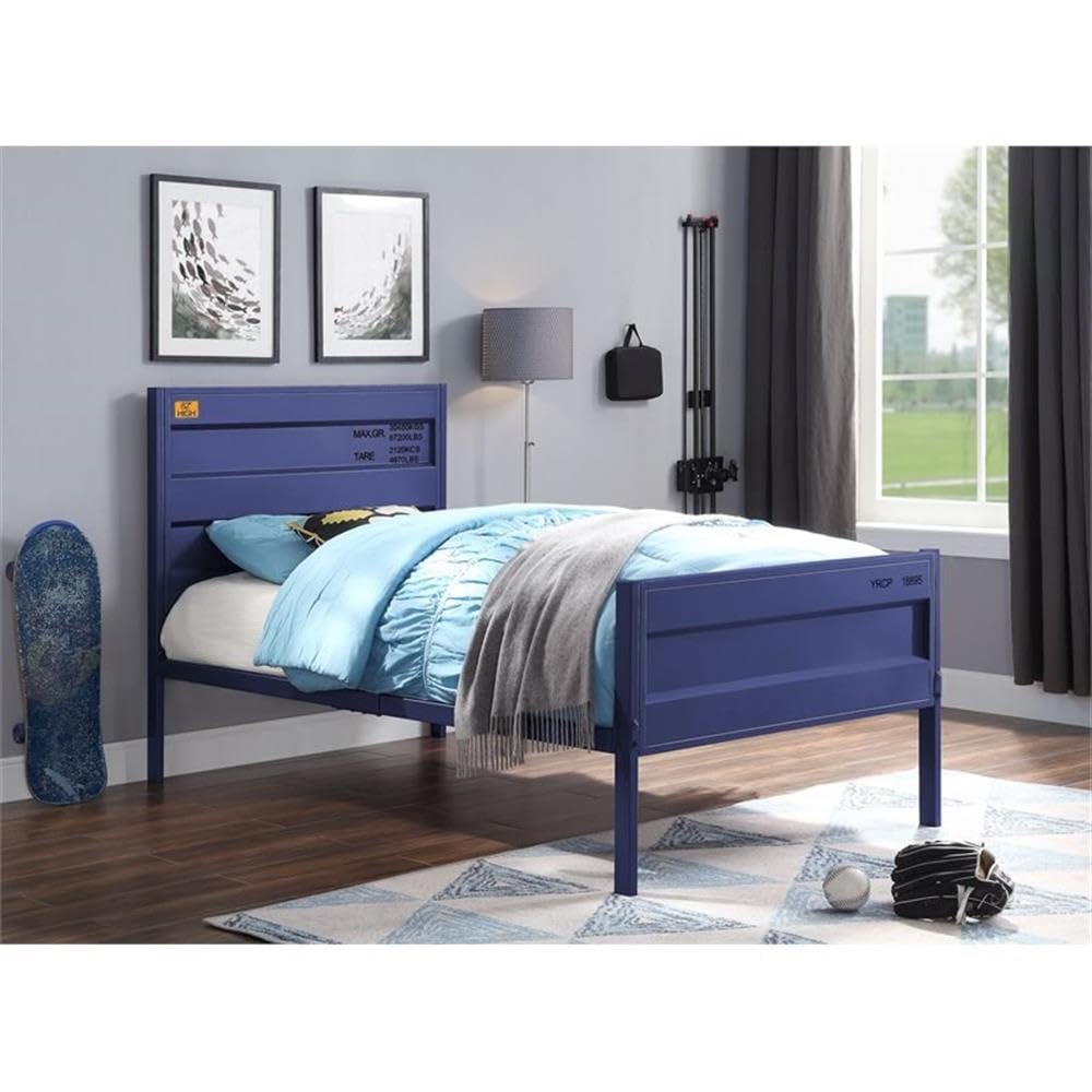 BOWERY HILL Modern Industrial Metal Twin Bed Frame with Blue Headboard & Footboard - Perfect for Kids Rooms, Guest Bedrooms & Small Spaces