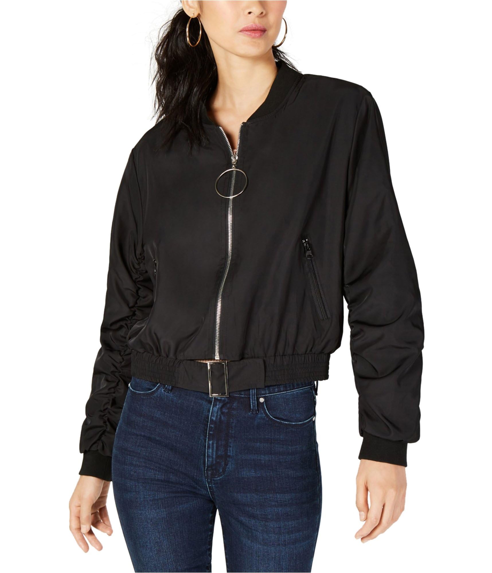 Women's Black Cropped Bomber Jacket - Small Size | Stylish Lightweight Outerwear for Casual Wear, Street Fashion & Spring Layering