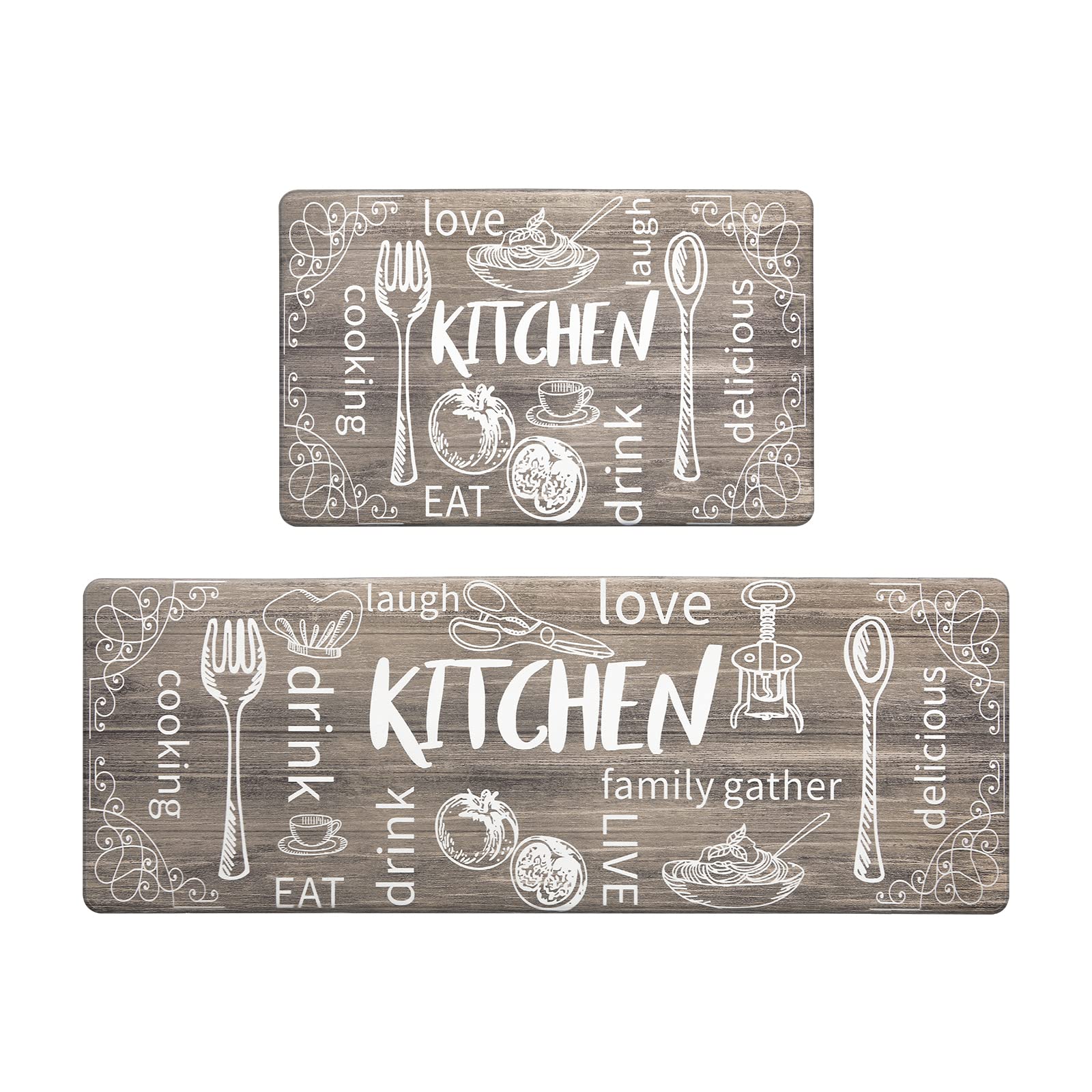 HEBE Anti-Fatigue Kitchen Rug Set of 2 - Non-Slip Cushioned Floor Mats, Waterproof Comfort for Sink & Laundry Room - Farmhouse Style Chef Mats for Standing Support (Brown) | Perfect for Cooking, Dishwashing & Long Hours in Kitchen