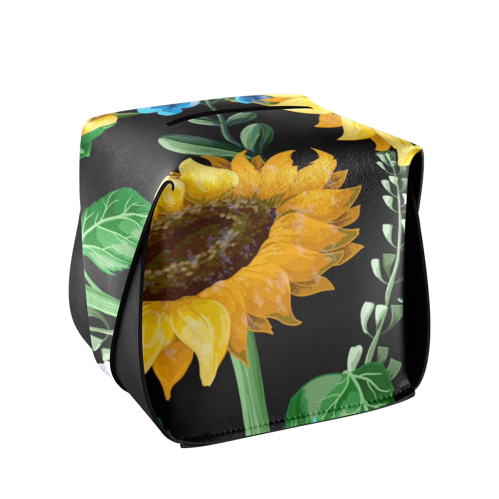 **Seamless Black Leather Tissue Box Cover with Yellow Sunflowers & Green Leaves - 5.7x5.7x5.7 in - Perfect for Bathroom, Home, Office Desk, Nightstand & Car**    *(Use Case: Stylish & functional tissue box cover for home decor, bathroom essentials, office organization, or car accessories.)*