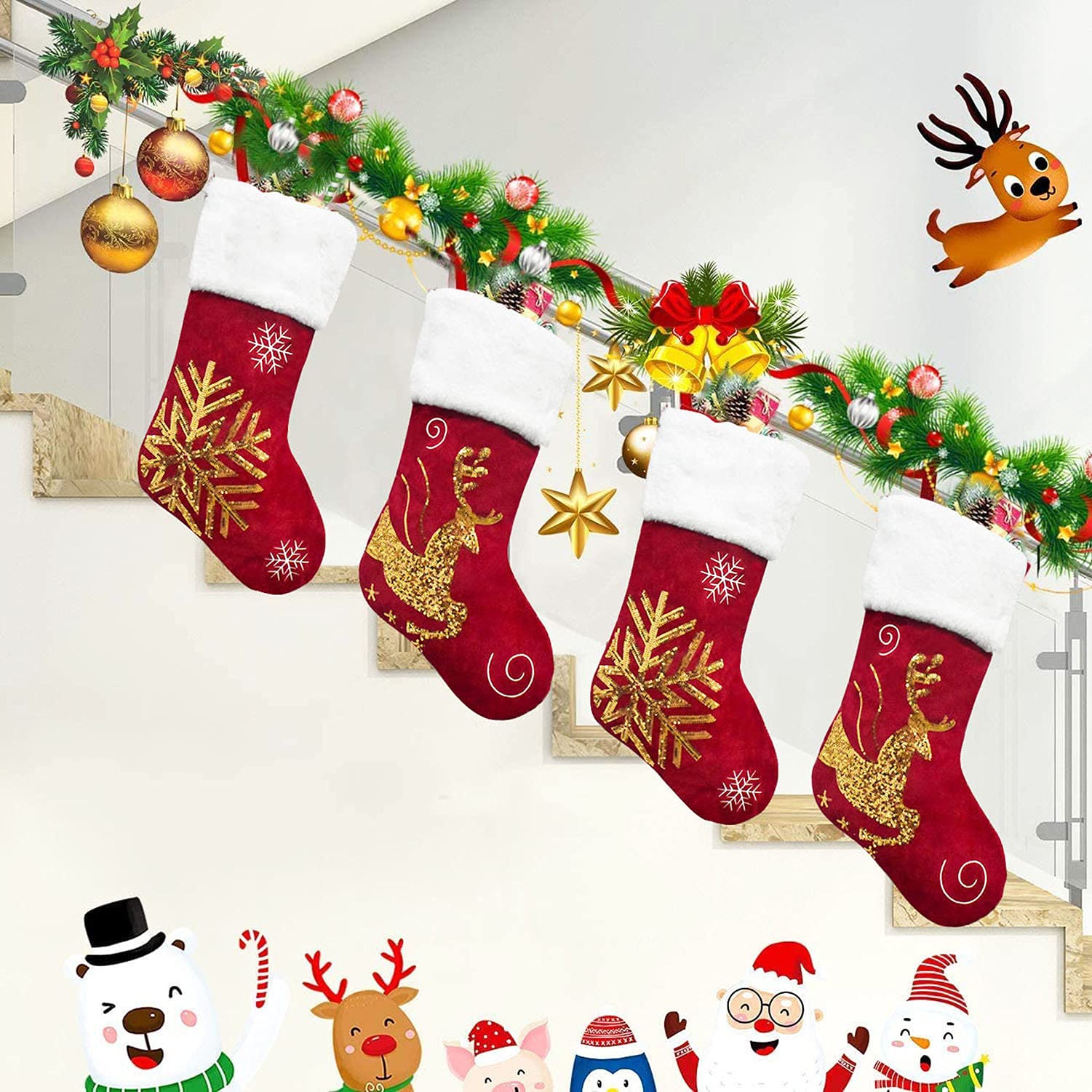 4-Pack Gold Sequins Burgundy Red Velvet Christmas Stockings Set with Snowflake Reindeer Holders - 18 Inch Holiday Decor for Fireplace Mantel, Xmas Tree, Gift Bags & Festive Home Decorations