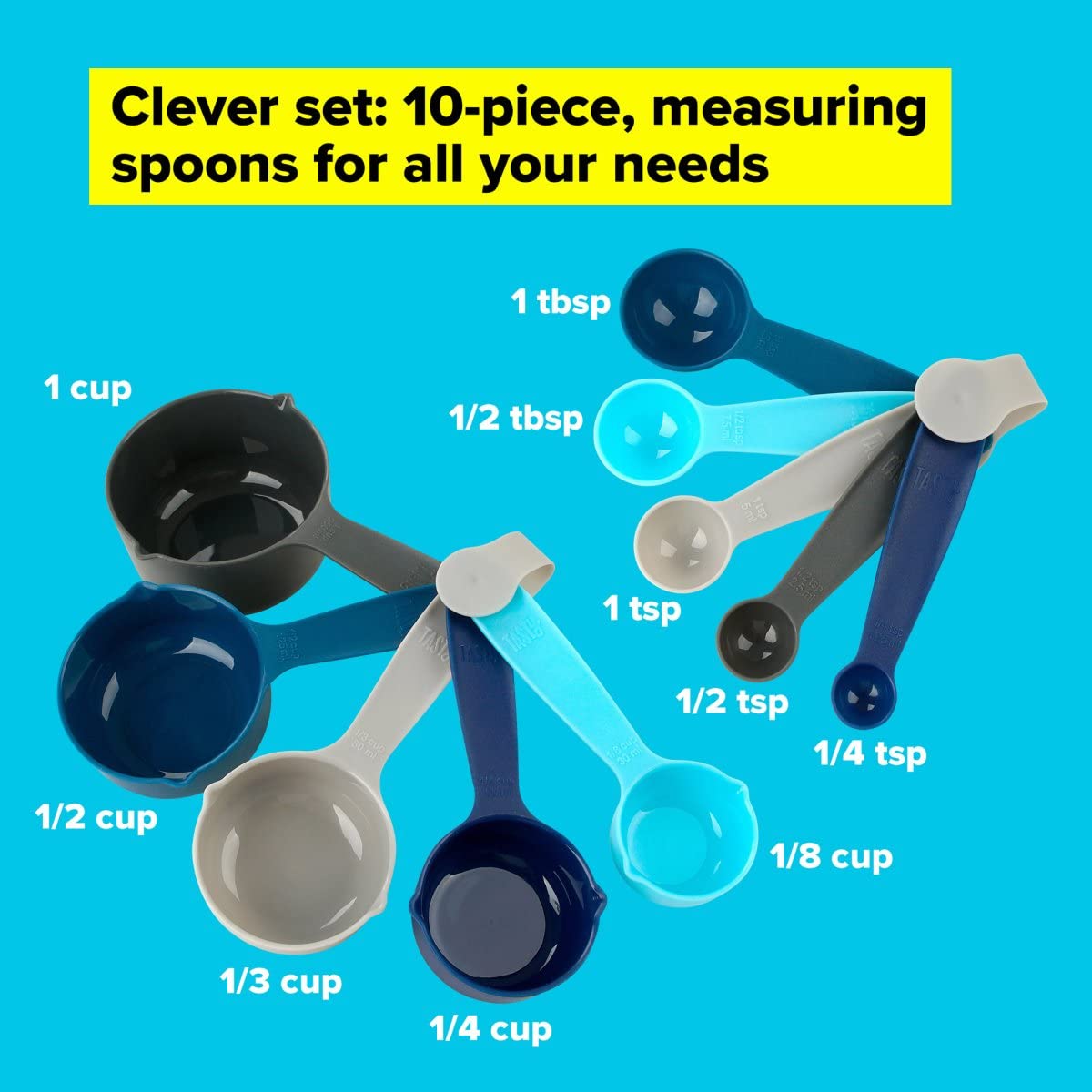 10-Piece Measuring Cups and Spoons Set for Baking - Nesting Plastic Measuring Cups & Spoons in Light Blue, Blue & Grey - Essential Kitchen Tools for Cooking, Baking & Meal Prep