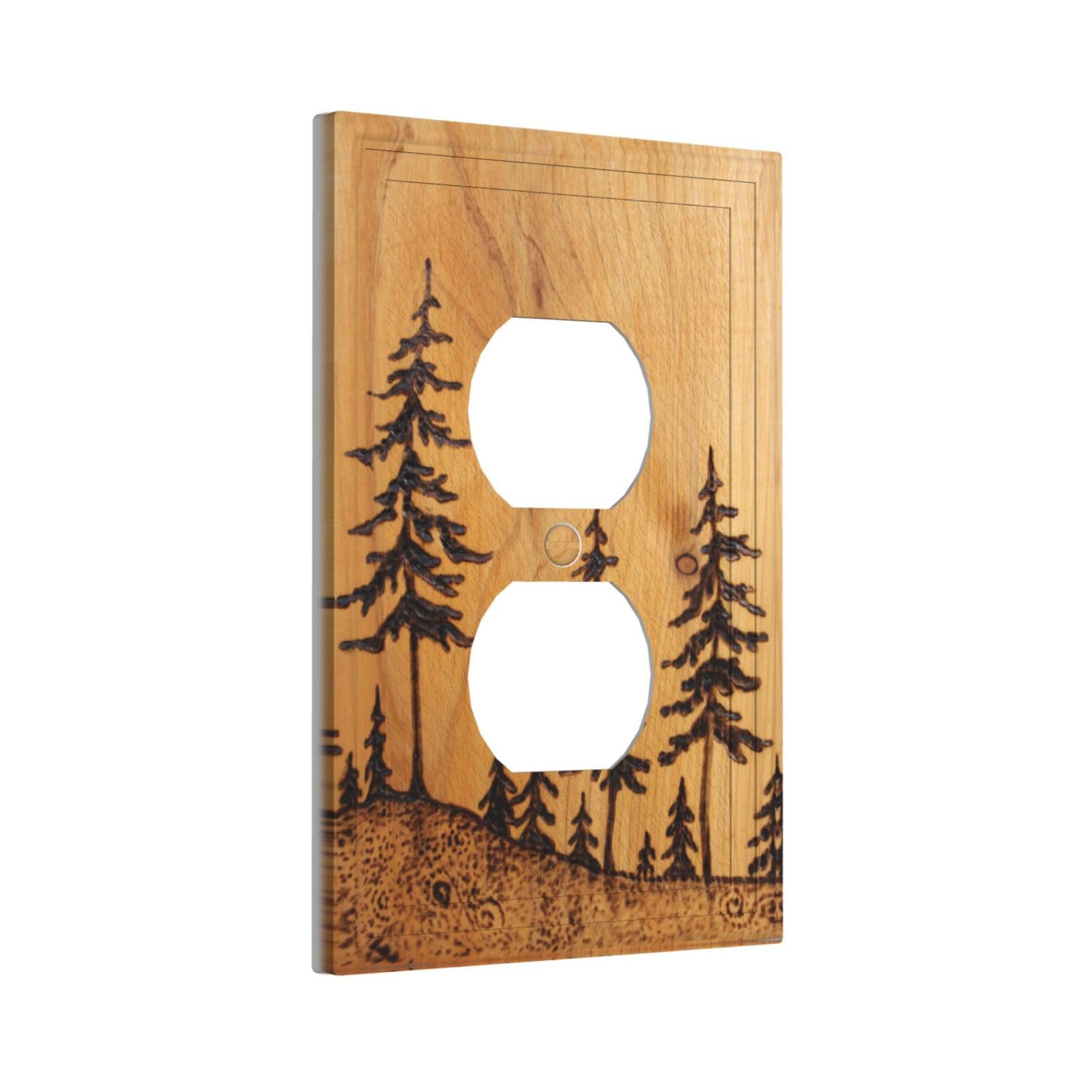 Rustic Wood Pine Tree Print Duplex Outlet Covers - Decorative Farmhouse Light Switch Plates, Standard Size 4.5