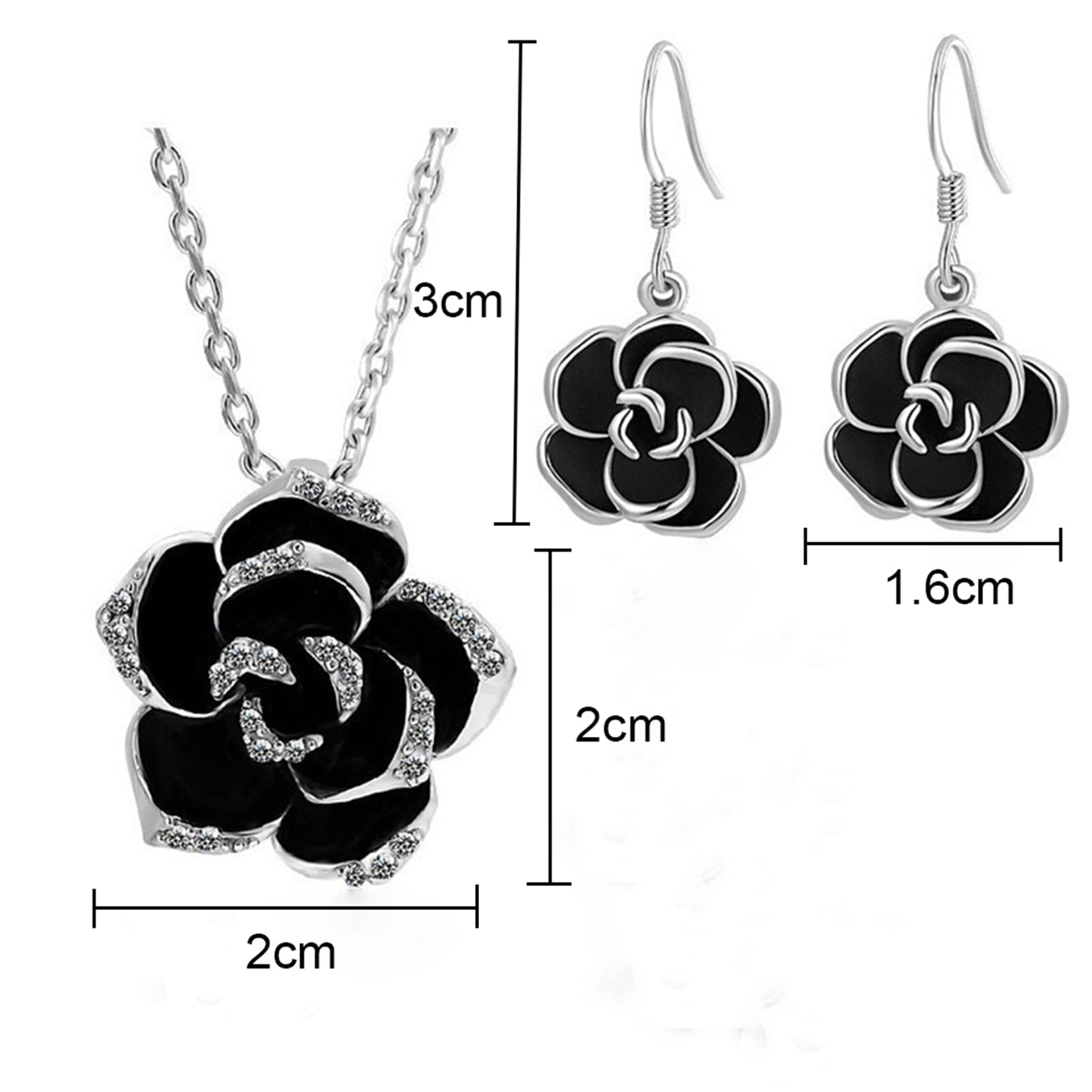 Black Rose Camellia Jewelry Set for Women - Elegant Flower Pendant Necklace & Dangle Earrings Set, Fashion Bridal Wedding Gift | Perfect for Anniversary, Valentine's Day & Special Occasions