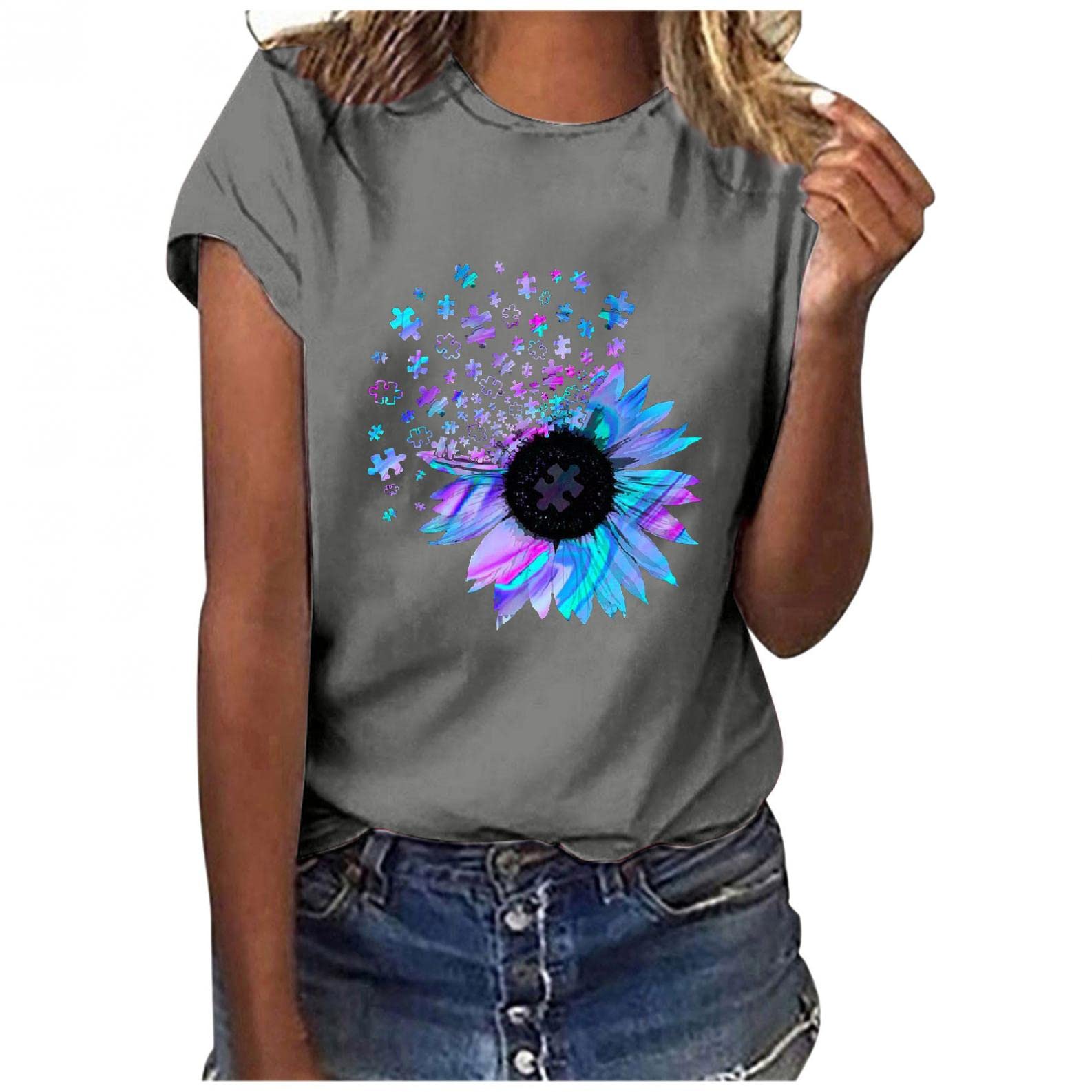 Women's Fashion Crew Neck Short Sleeve Graphic T-Shirt - Sunflower Print Plus Size Casual Top | Perfect for Daily Wear, Summer Outfits & Street Style