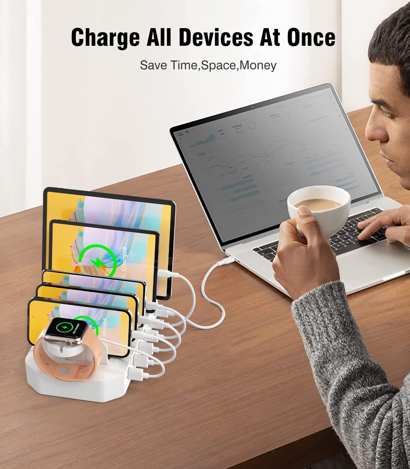 95W 6-in-1 Fast Charging Station with 2 PD Ports & 8 Cables - UL FCC Certified Multi-Device Charger for MacBook, iPhone, Android, iPad, Tablet, Kindle - Perfect for Home, Office, Travel & Nightstand Charging