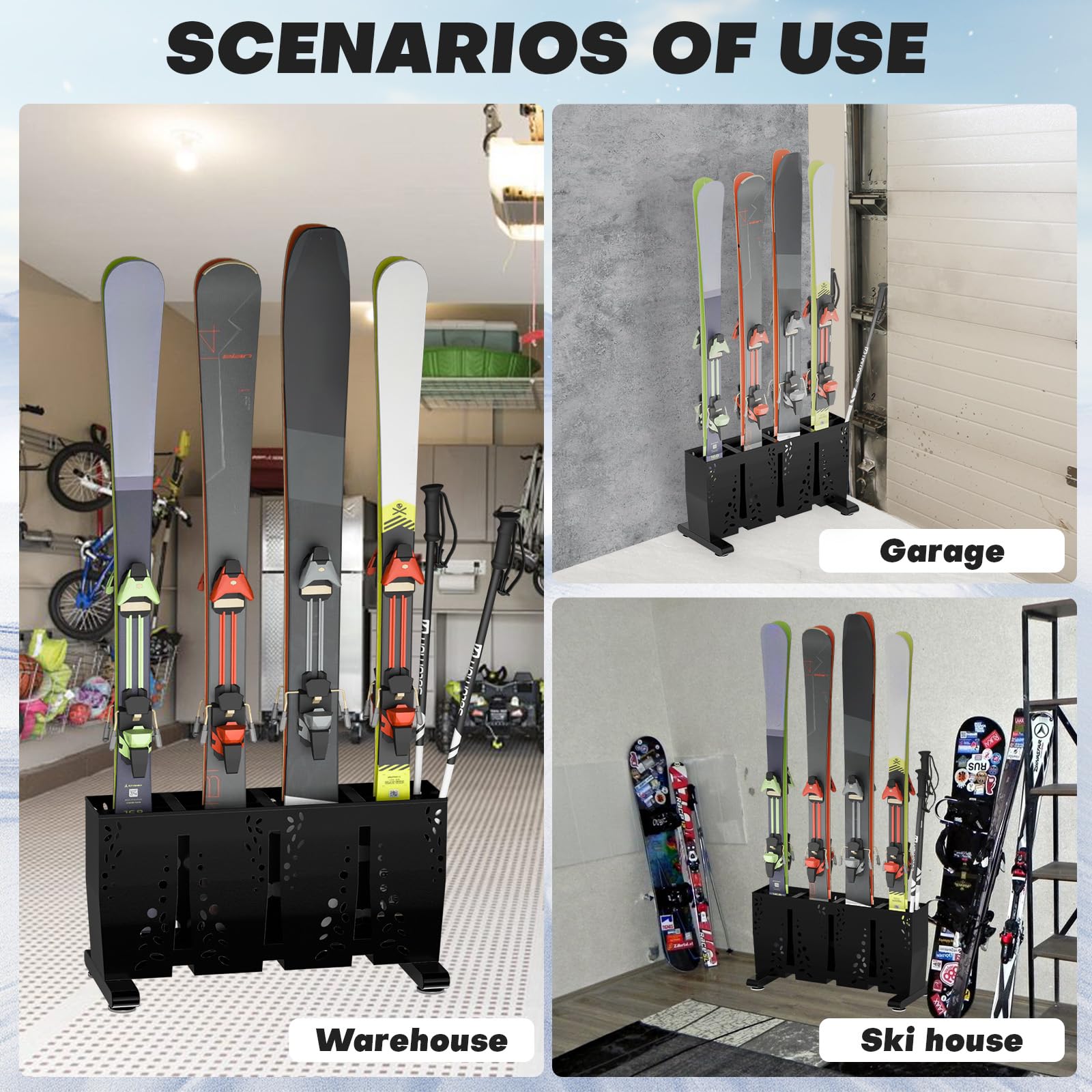 Heavy Duty 4 Pair Freestanding Steel Ski Storage Rack for Garage & Home - Indoor Ski Holder Organizer for Snowboards, Skis & Winter Gear - Perfect for Ski Equipment Storage in Basement, Mudroom or Cabin