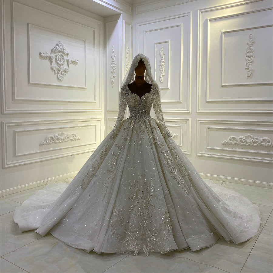 Elegant AM893 Long Sleeve Lace Applique Wedding Dress - Perfect for Bridal Ceremonies, Formal Events & Romantic Photos