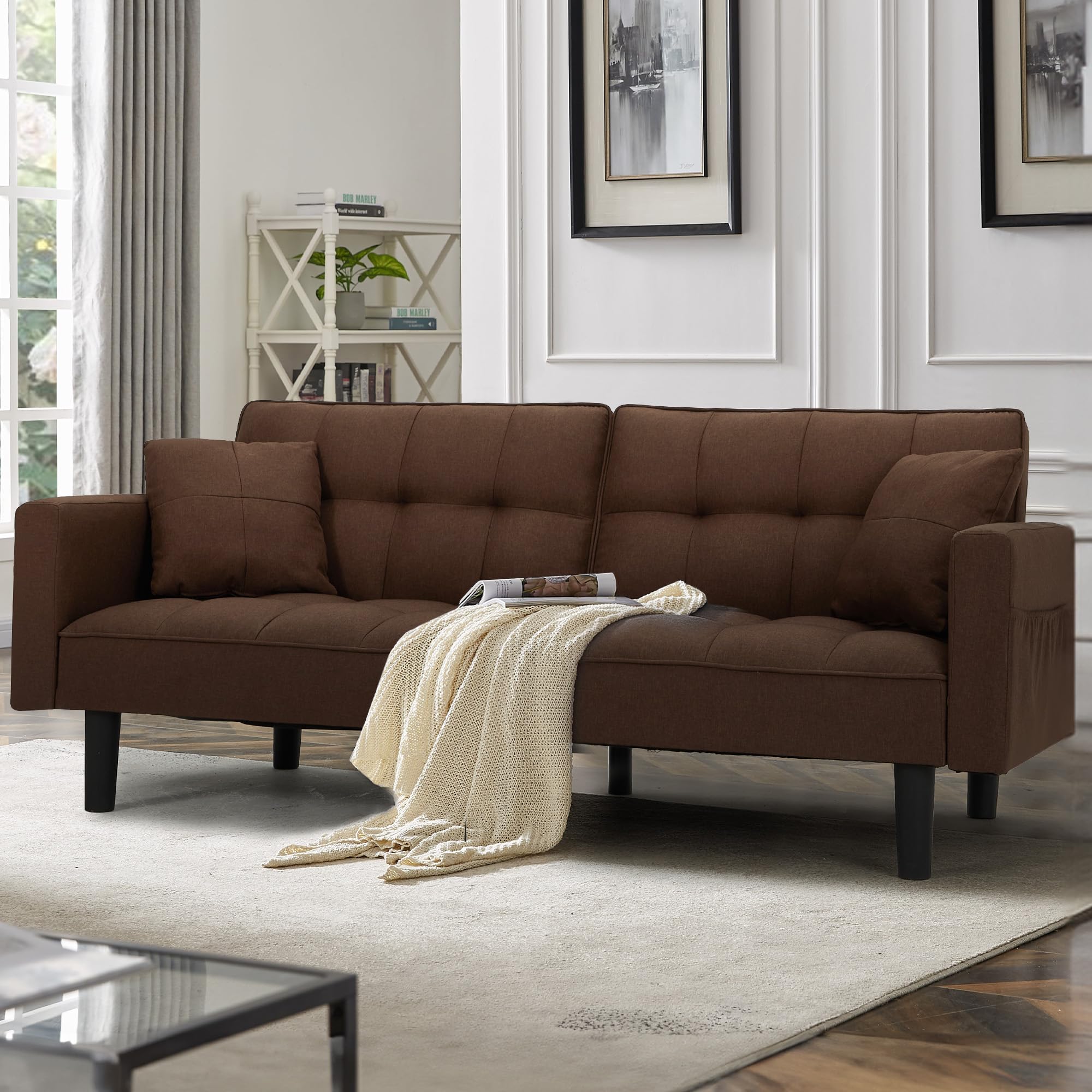 AVAWING Convertible Futon Sofa Bed - Modern Linen Fabric Upholstered Couch with Adjustable Backrest, Armrests & Durable Nylon Legs - Space-Saving Sleeper Sofa for Small Apartments, Living Rooms & Home Offices (Brown) - Perfect for Guest Sleeping, Lounging & Compact Spaces