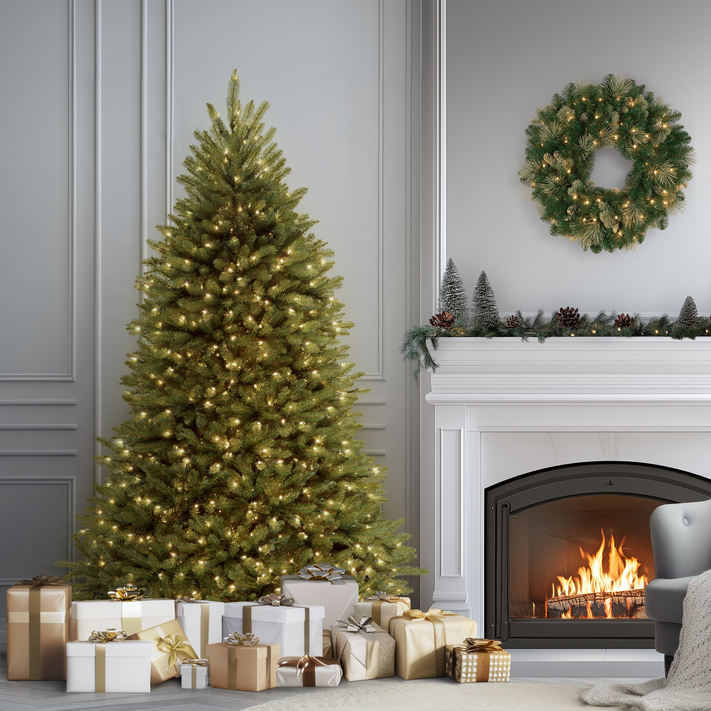 7 ft Pre-Lit Dunhill Fir Artificial Christmas Tree with PowerConnect Clear Lights - Perfect for Home, Office, and Holiday Decorations