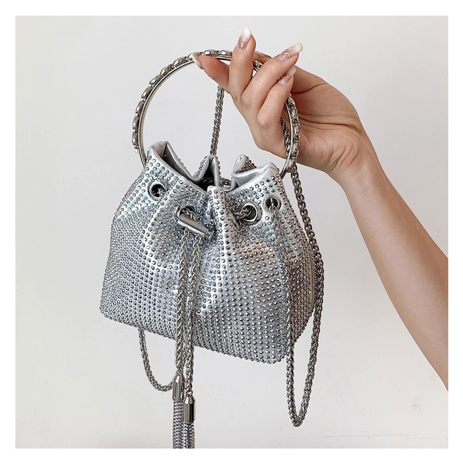 Stylish Silver Beaded Sequin Messenger Bag for Women - Crossbody Drawstring Bucket Purse with Tassel Detail, Perfect for Cocktail Parties, Weddings & Evening Events - Fashionable Shoulder Bag for Girls & Ladies