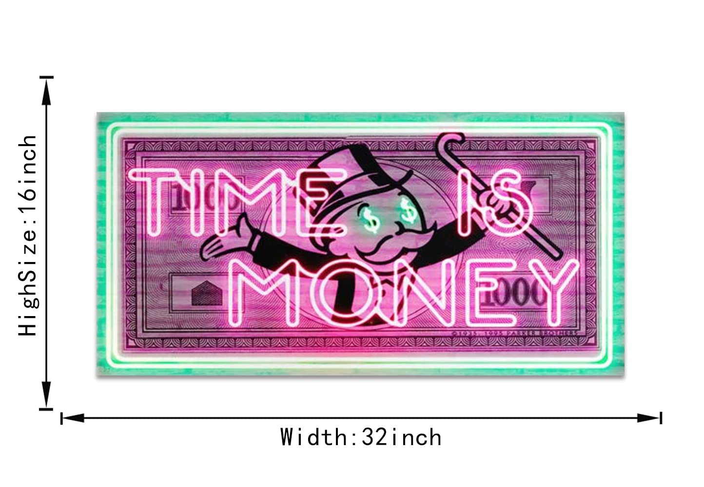 Time Is Money Motivational Office Canvas Art - Green & Pink Inspirational Wall Decor for Home & Workspace - 48x24 Inch Framed Print (Easy to Hang) - Perfect for Office, Study Room & Business Inspiration