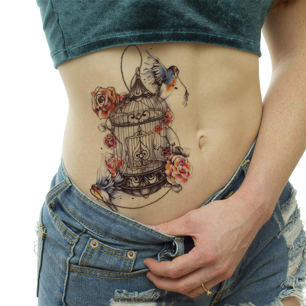1 XL Temporary Fake Tattoo - Colorful Bird Cage with Roses Design - Waterproof Body Art for Parties, Festivals & Costume Events - TH442