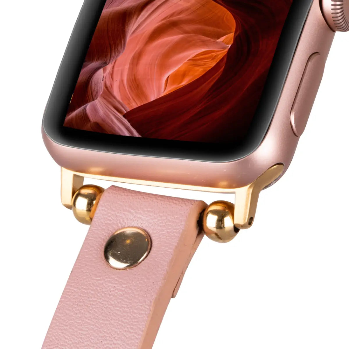 Pink Leather Ultra Slim Apple Watch Band with Gold Rivet - Stylish & Lightweight Replacement Strap for Women & Men - Perfect for Workouts, Office & Everyday Wear
