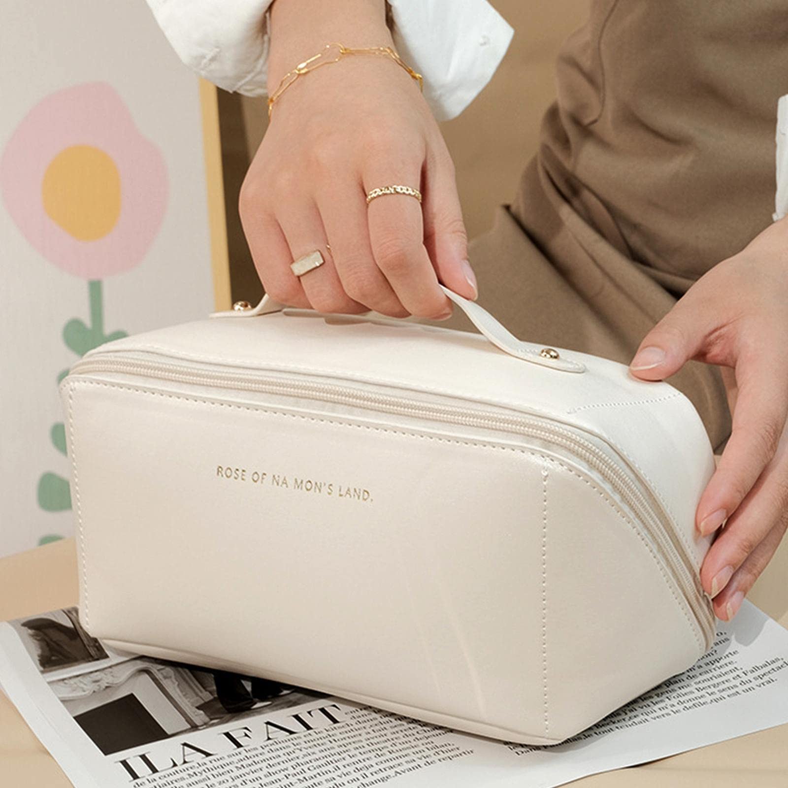 Portable Makeup Bag - Large Capacity Travel Cosmetic Organizer, Waterproof PU Leather Double Layer Cosmetic Case for Women | Perfect for Skincare Kits, Cosmetics & Toiletries | Ideal for Travel, Gym & Daily Use (White)