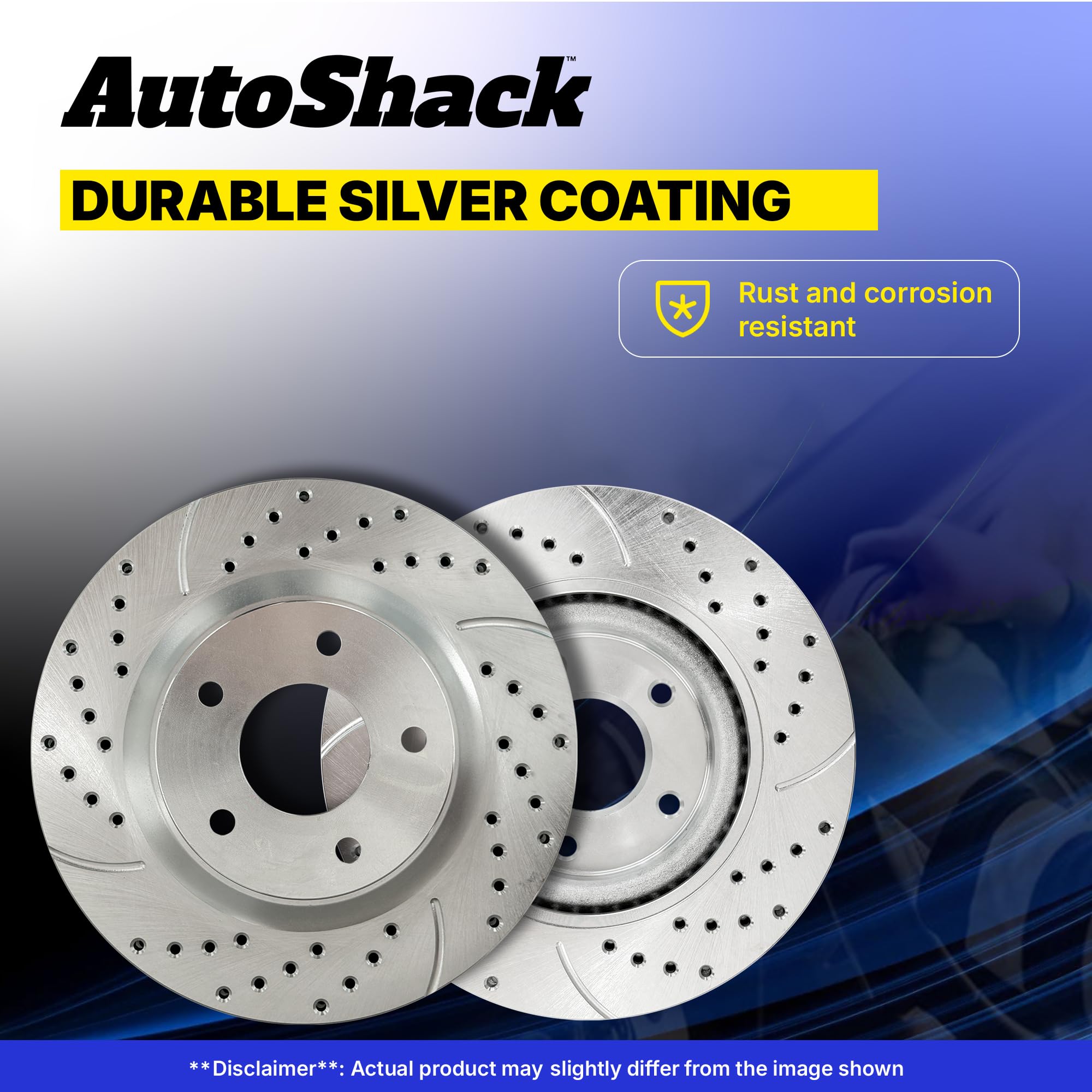 AutoShack Silver Drilled & Slotted Brake Rotors Set of 4 - Front & Rear Replacement for 2002-2018 Ram 1500, 2019-2023 Classic Ram 1500, 2004-2009 Dodge Durango, 2007-2009 Chrysler Aspen (BRKPKG039071) | High-Performance Braking for Trucks & SUVs | Ideal for Daily Commuting, Towing & Off-Road Adventures