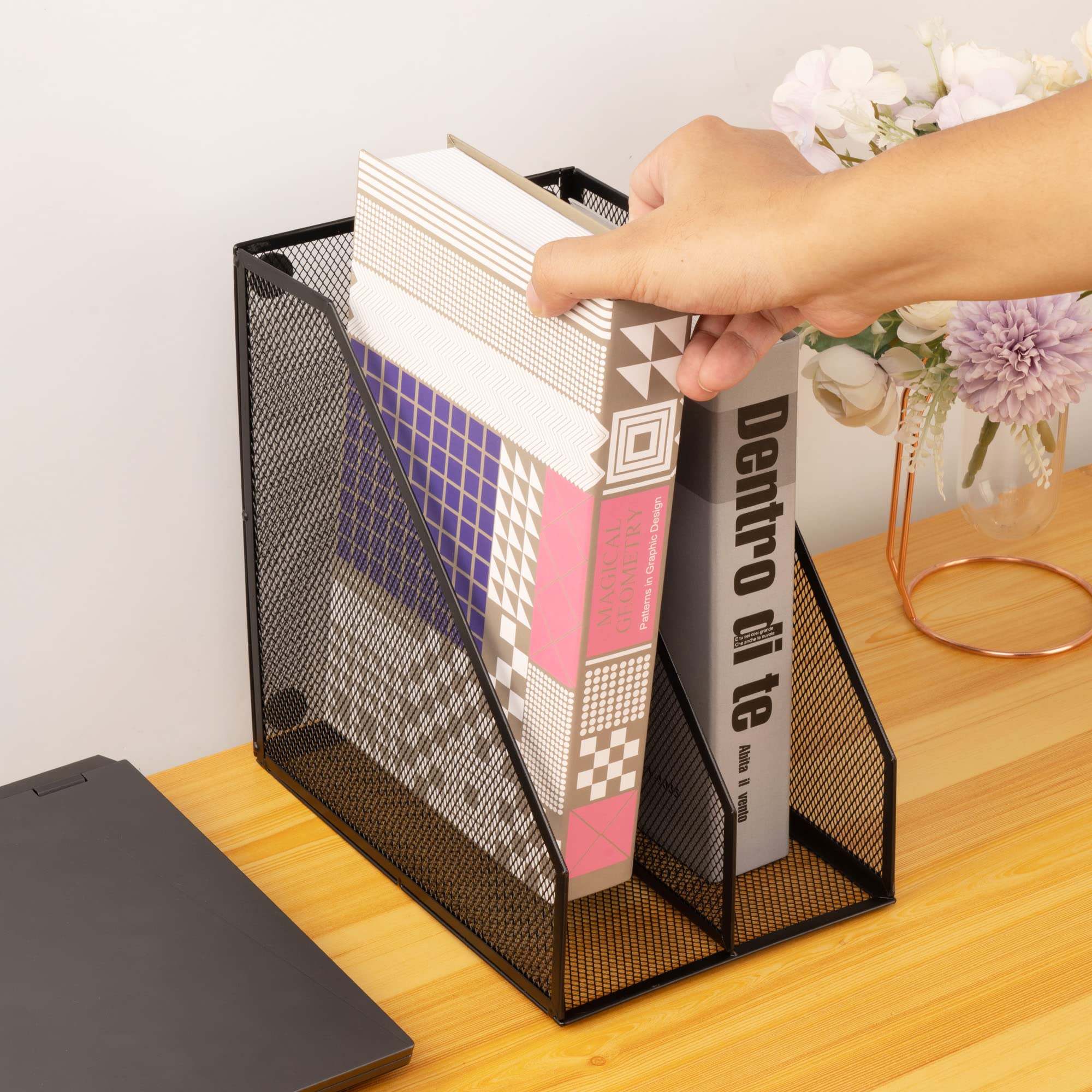 2-Pack Metal Wire Magazine Holders - 2 Compartment Mesh File Organizer for Desk, Office Accessories & Decorative Storage Box (Black) - Perfect for Home Office, Study Desk & Workspace Organization
