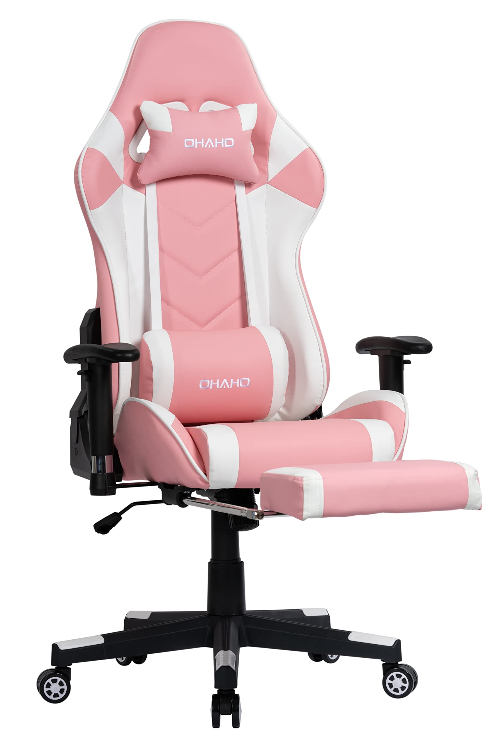 OHAHO Ergonomic Gaming Chair - High Back Racing Style Office Chair with Adjustable Lumbar Support, Massage Cushion, Retractable Arms & Footrest - Pink/White - Perfect for PC Gaming, Home Office & Streaming Setup