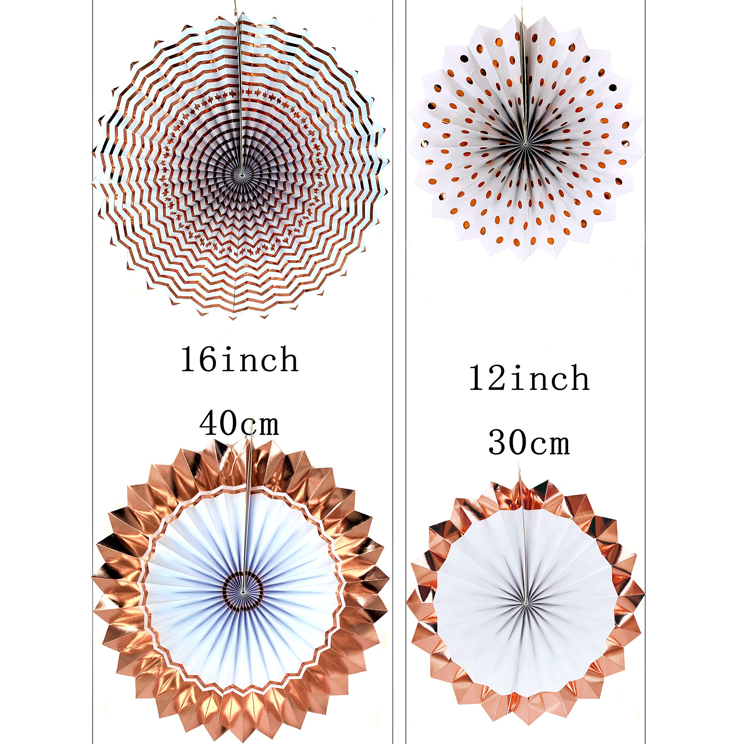 Rose Gold Paper Fans Decor - 8pc Set for Bachelorette Party, Wedding, Baby Shower, Birthday, Mother's Day & Photo Booth Backdrop - Elegant Ceiling & Wall Hanging Decorations for Special Events & Celebrations