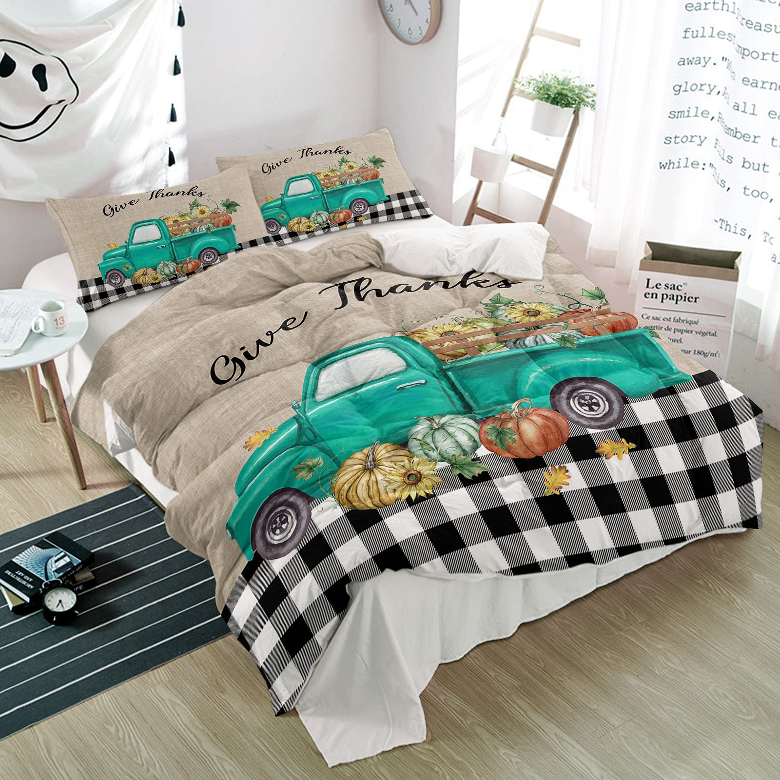 3-Piece Duvet Cover Set - Thanksgiving Pumpkin Fall Harvest Teal Farm Truck Design, Soft Quilt Covers & Pillowcases, Black Buffalo Plaid Retro Linen Microfiber Bedding Set for Full Size Bed - Cozy Autumn Bedroom Decor for All Seasons