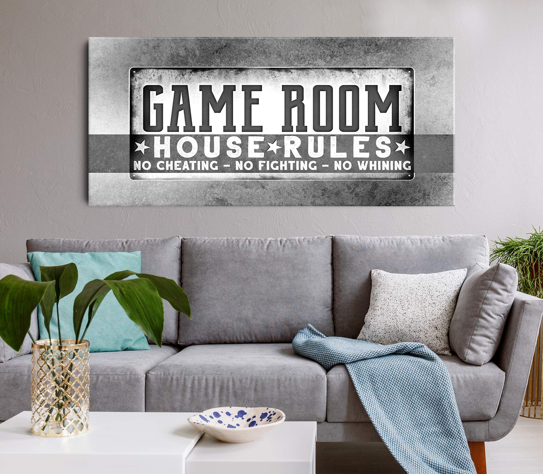 House Rules Wall Art - Large Framed Canvas Gaming Room Decor for Boys & Teens - Grey 60x27 - Perfect for Gamer Rooms, Man Caves & Teen Bedrooms
