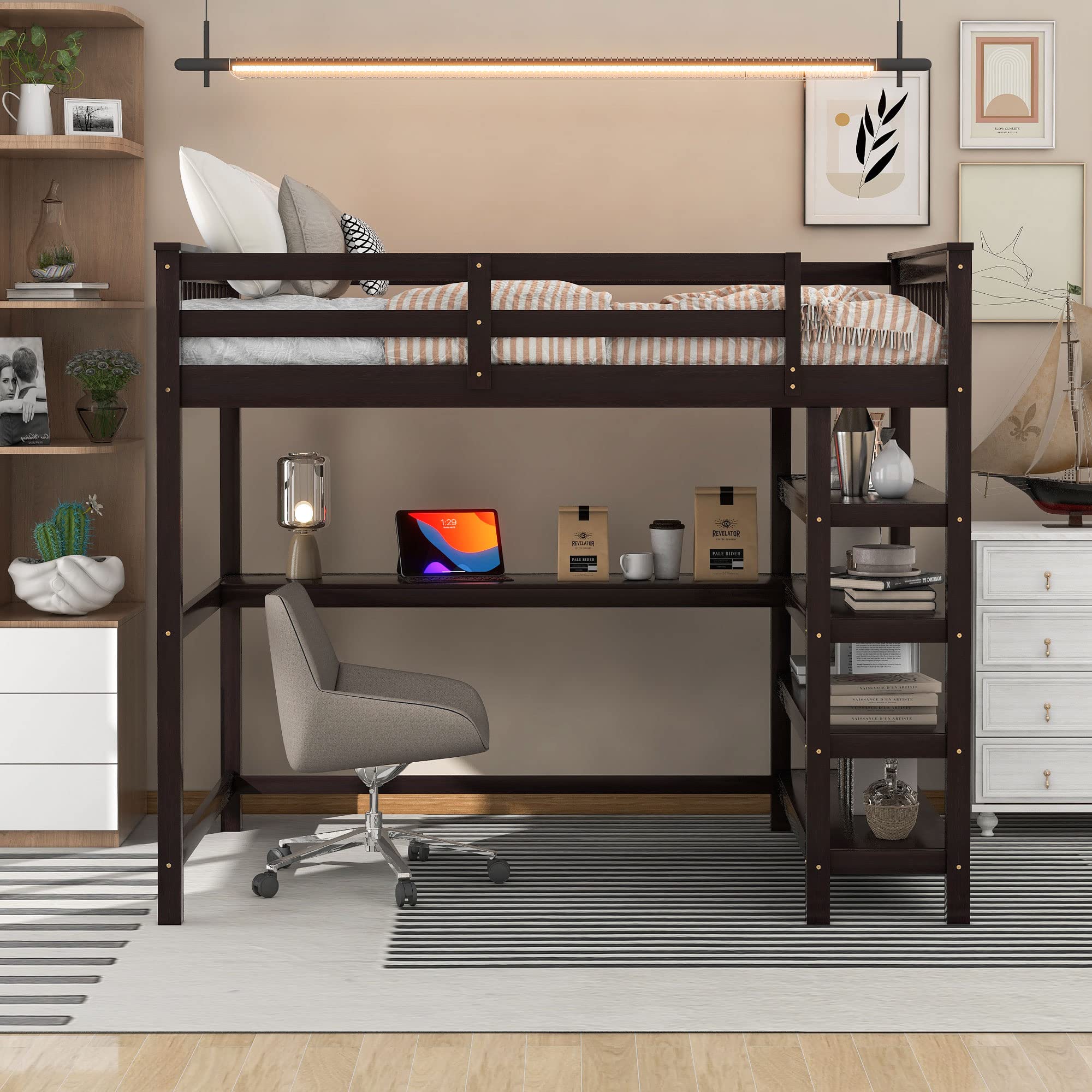 Merax Twin Size Wood Loft Bed with Desk & Shelves - Space-Saving Study Bed with Storage & Built-in Workstation, Espresso Finish - Perfect for Small Bedrooms, Dorm Rooms & Home Offices