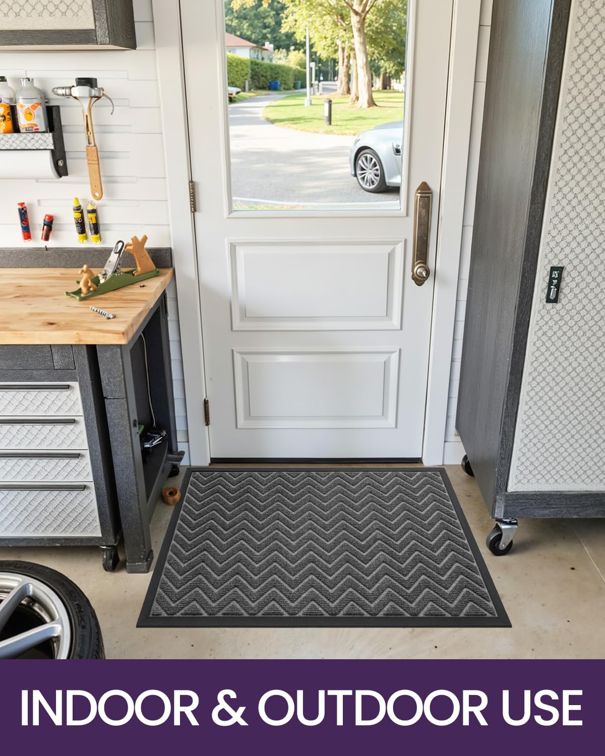 DEXI Heavy Duty Rubber Backed Doormat - 3x2 Feet Stain & Fade Resistant Low-Profile Entrance Mat - Chevron Dark Grey for Front Door, Outside Entryway - Perfect for Home, Office & High Traffic Areas