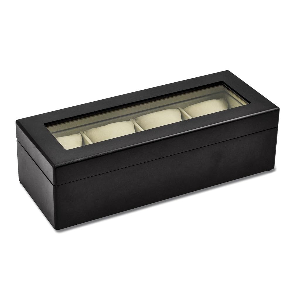 Premium Matte Black Wooden Watch Box with Glass Top - Velour Lining & Cushions for 4 Watches | Luxury Watch Storage & Display Case for Men's Jewelry Organization & Gift Giving