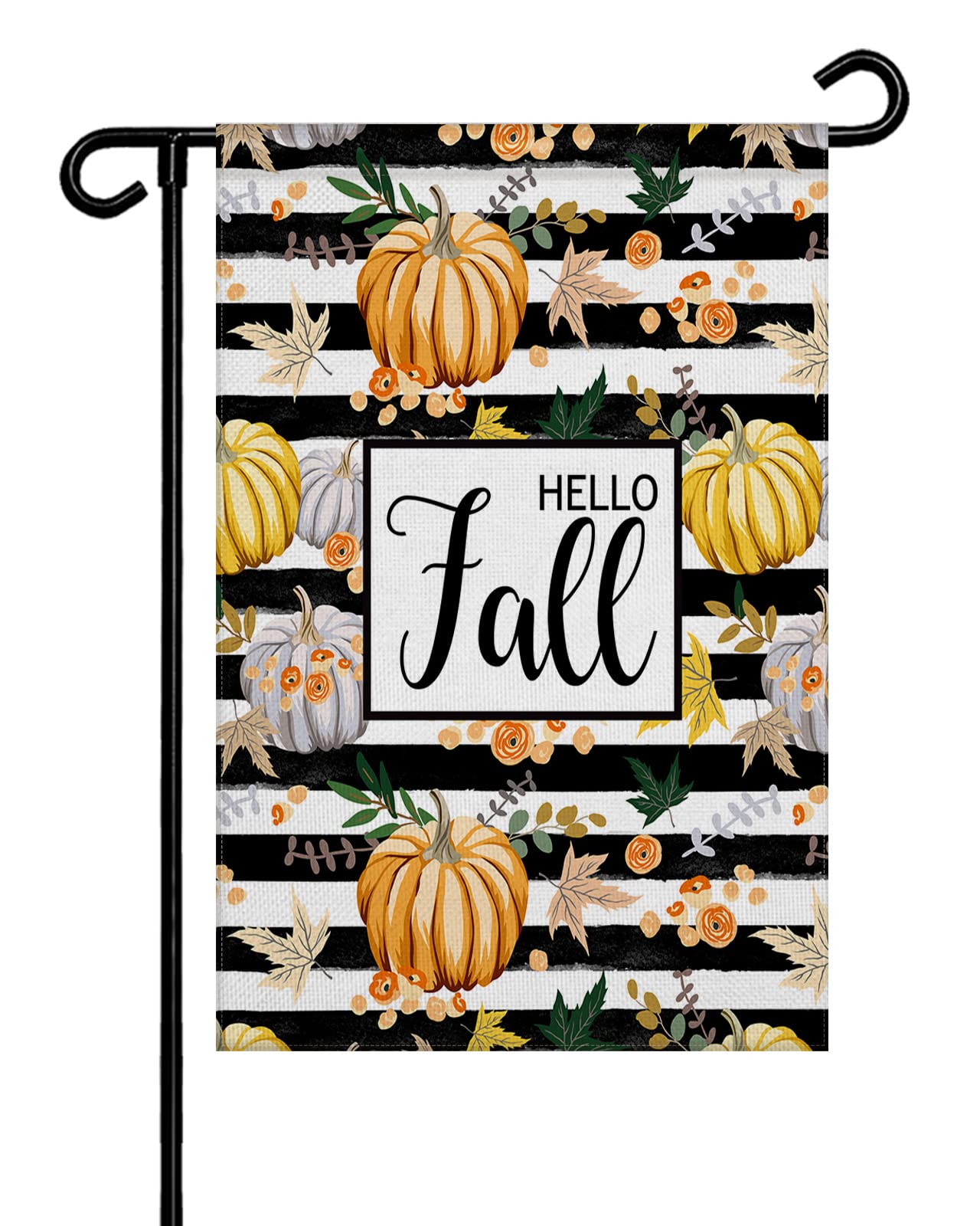 Double Sided Burlap Fall Garden Flag - Pumpkin & Autumn Leaves Design, Black & White Striped Welcome Banner (12