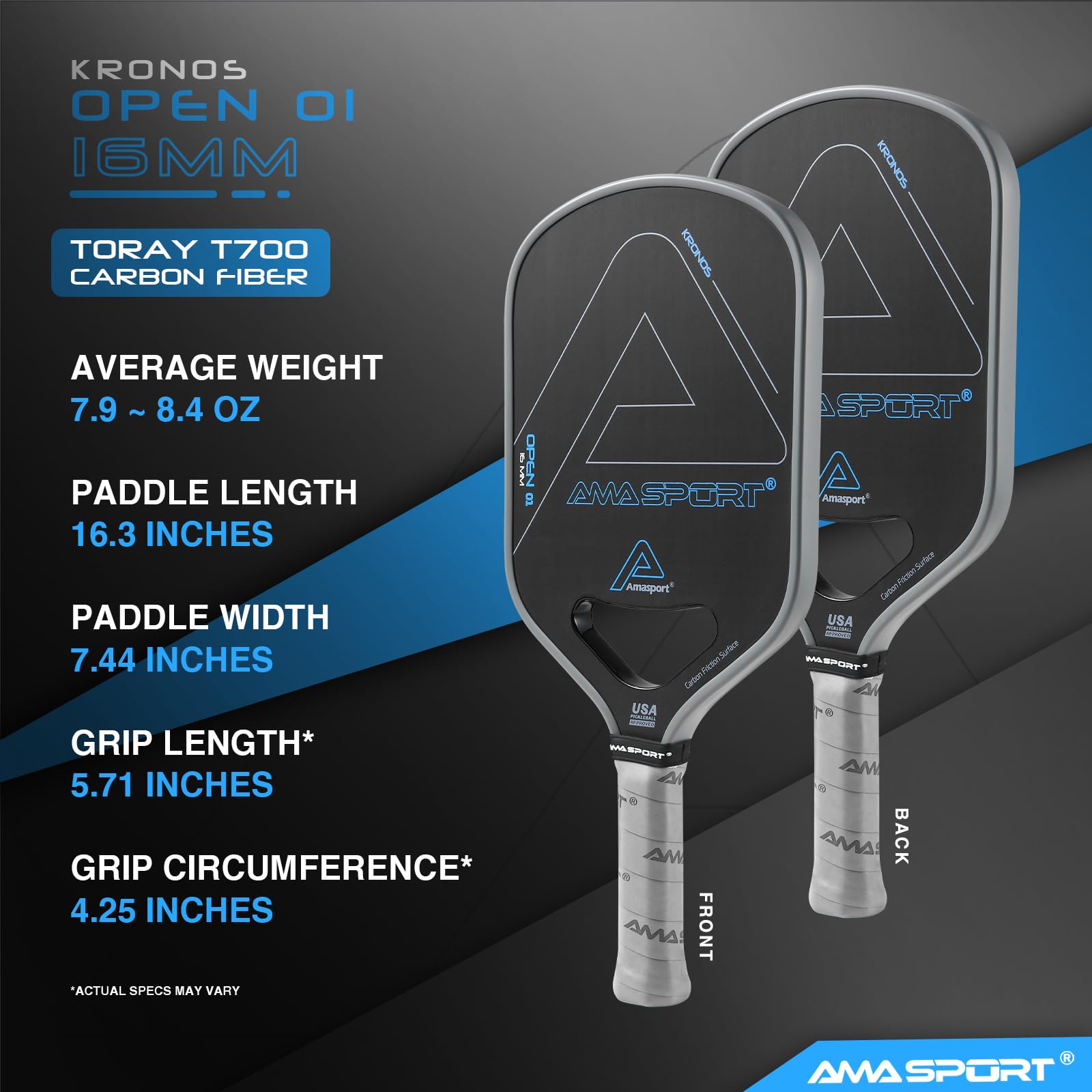 Kronos Open 01 Pickleball Paddle - Premium Toray T700 Carbon Fiber Surface | Dynamic Air Throat Technology | 16mm Thermoformed Core with Foam Injection | USAPA Approved | Perfect for Competitive Play & Recreational Pickleball Games