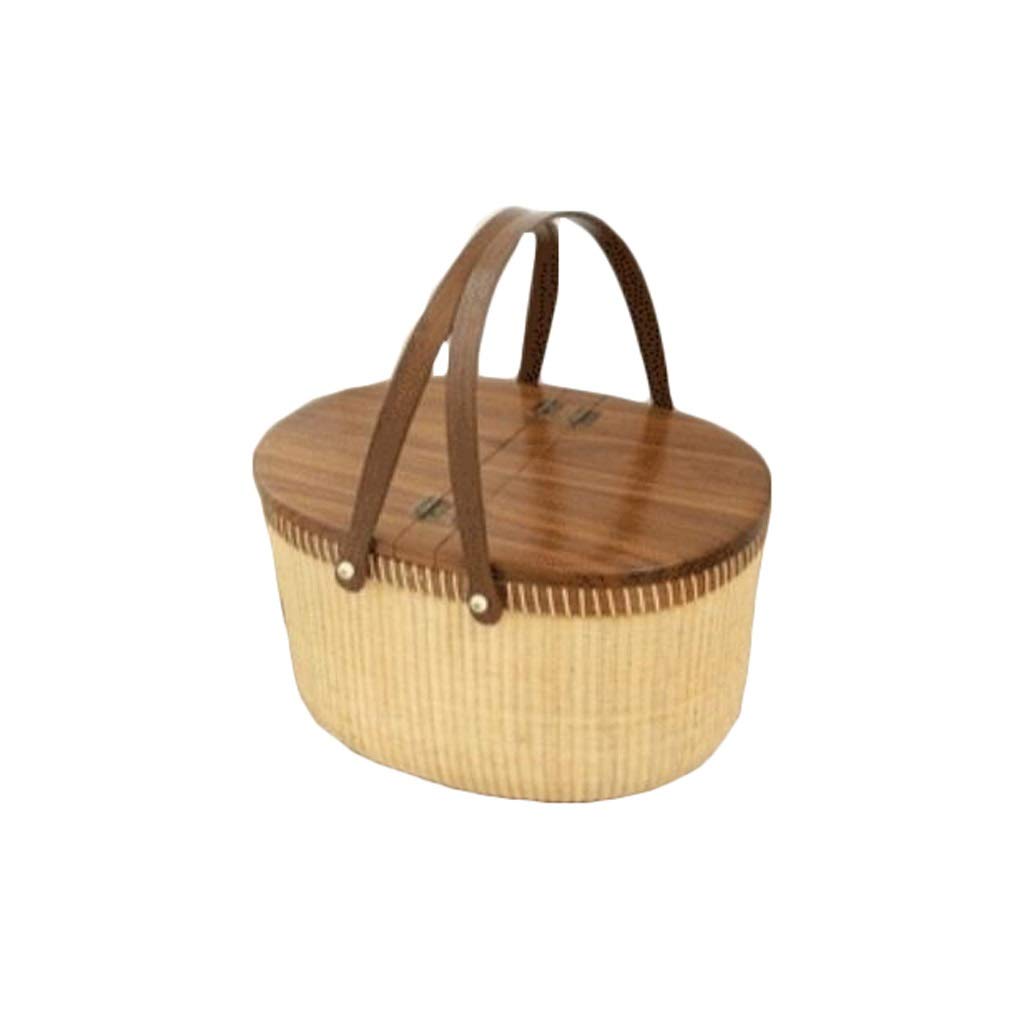 Handmade Double Lidded Rattan Picnic Basket - Wicker Storage Hamper with Handle & Lid - Easter Basket for Outdoor, Beach, Camping (Black Walnut, 15x11x8.5 Inches)