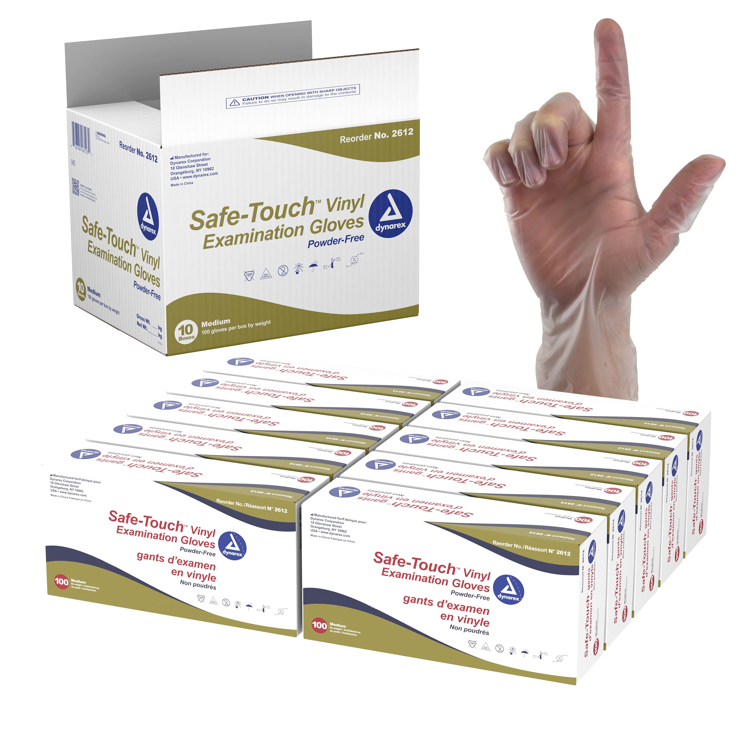 Dynarex Safe-Touch Powder-Free Vinyl Disposable Exam Gloves - Medium Size, Ambidextrous, Clear (Case of 10 Boxes, 100 Gloves Each) | Food Safe, Medical & Laboratory Use, Food Handling, Tattoo & Nail Salon, Cleaning & Household Protection