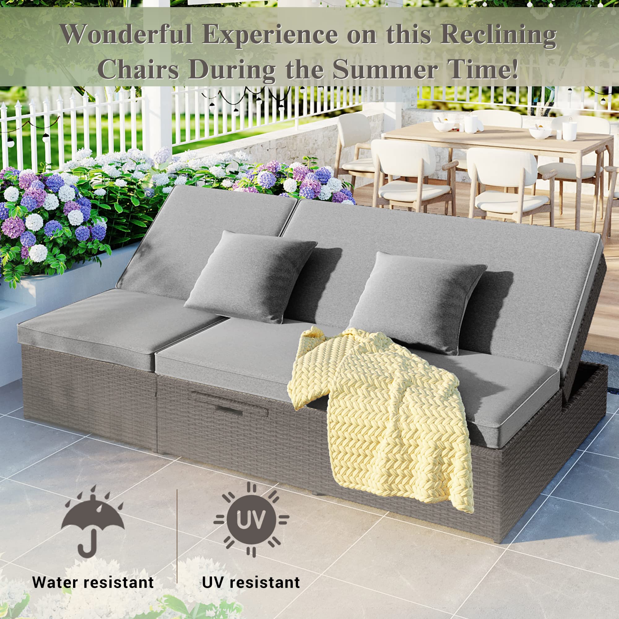 Outdoor PE Rattan Double Reclining Daybed with Adjustable Backrest & Cup Holder - All-Weather Patio Sun Lounger with Thick Cushions & Pillows for 2 People (Gray) - Perfect for Poolside Relaxation, Garden Lounging & Backyard Conversations