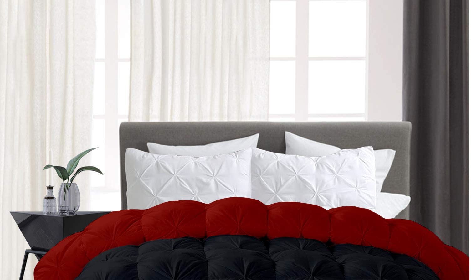 Reversible King/California King Comforter - 94x104 Inch 1000 TC Cotton Quilted Pinch Pleated Bedding - Black & Burgundy Solid Colors (Comforter Cover Sold Separately) - Perfect for Master Bedroom, Guest Room & Cozy Home Decor